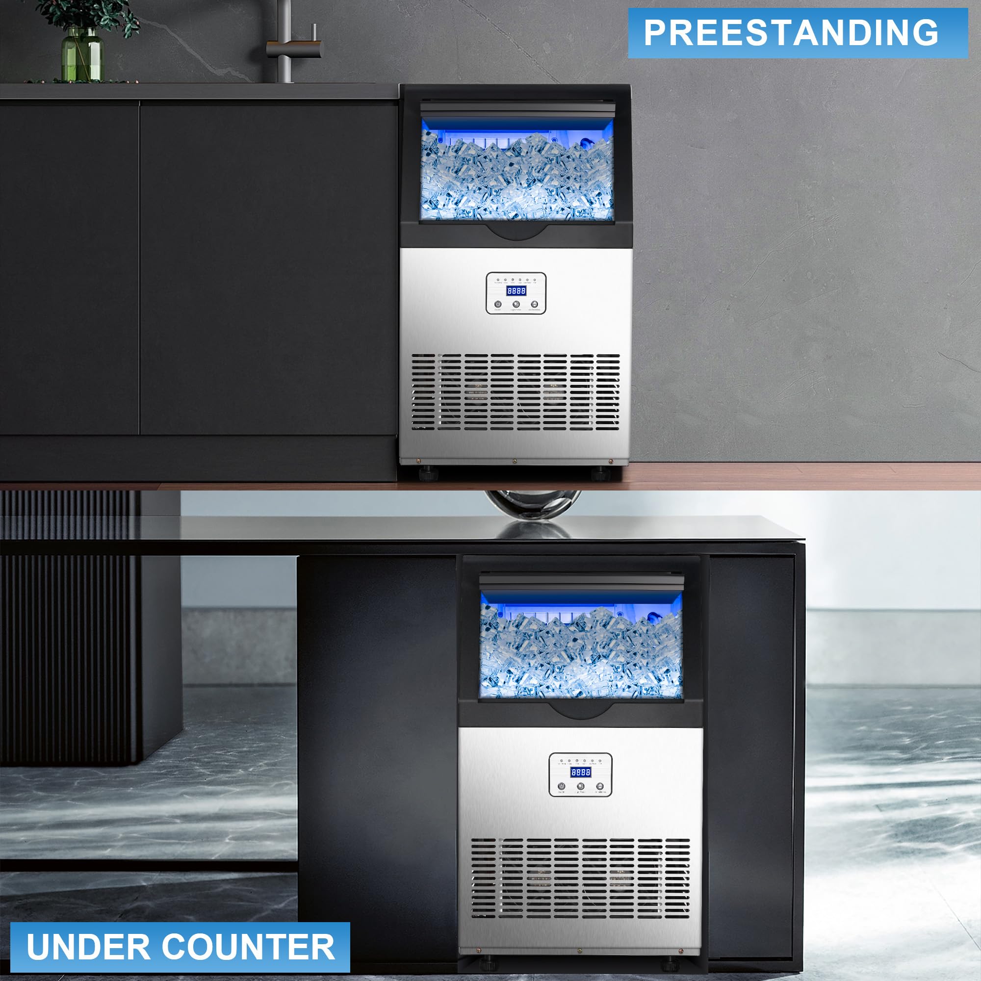Commercial Ice Maker Machine - 110LBS/24H Stainless Steel Ice Maker with 25LBS Capacity, Produces 45 Ice Cubes in 12-15 Minutes, Self-Cleaning Function - Perfect for Restaurants, Bars, Home Kitchen, Office & Outdoor Parties (Includes Scoop)