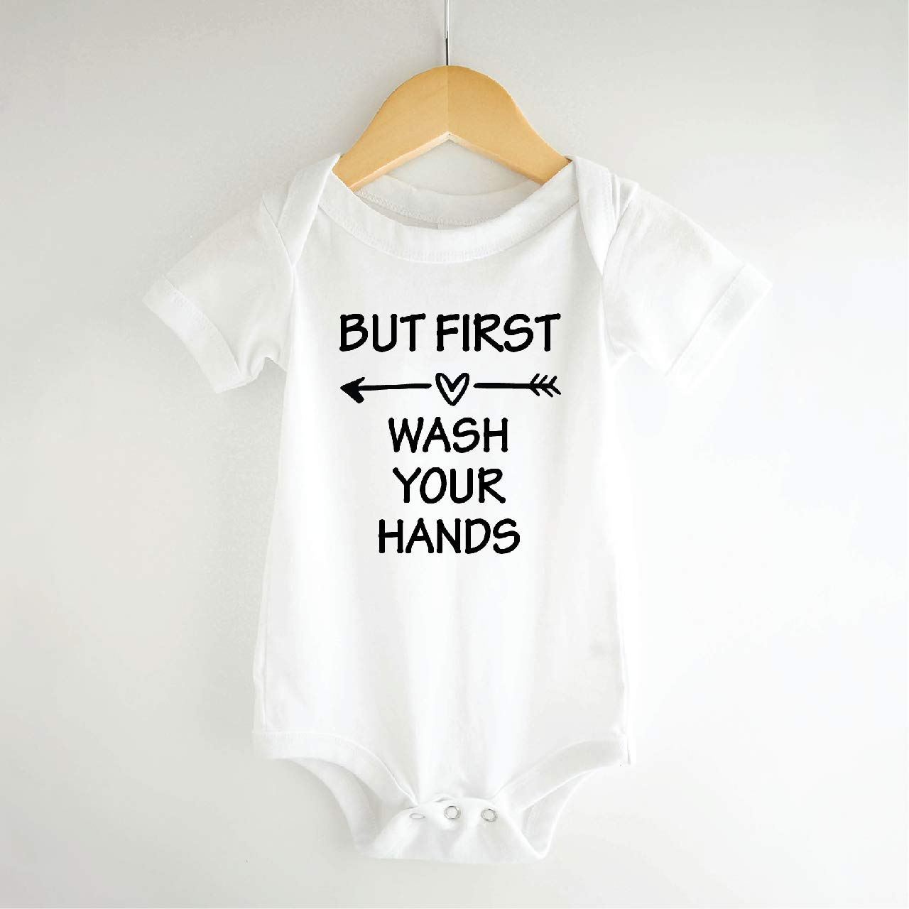 Bump and Beyond Designs Baby Bodysuit - 'But First Wash Your Hands' Cute Quarantine Outfit for Newborns | Perfect for 2020 Pandemic Photos, First Birthday & Safety Awareness