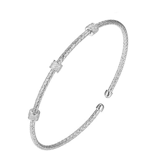 CZ Rhodium Plated Silver 2mm Mesh Cuff Bangle Bracelet for Women - Elegant Stackable Jewelry for Party, Wedding & Everyday Wear