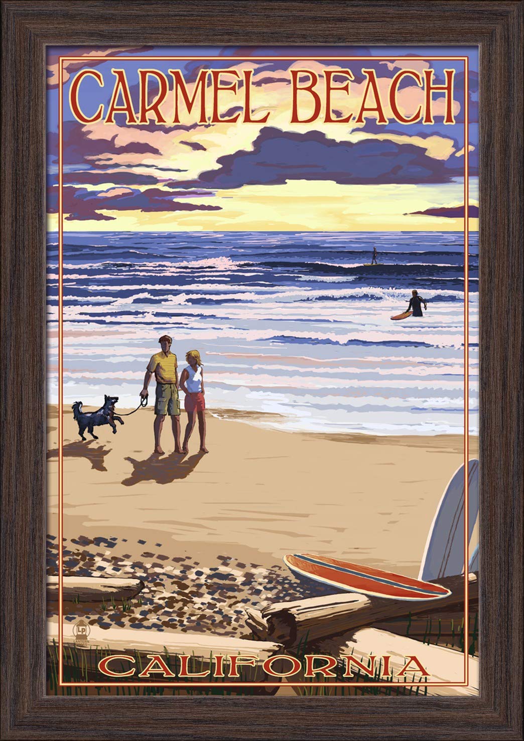 California Sunset Beach Art Print - 12x18 Giclee Fine Art on Recycled Wood Frame in Espresso Brown - Perfect for Coastal Home Decor & Office Wall Art