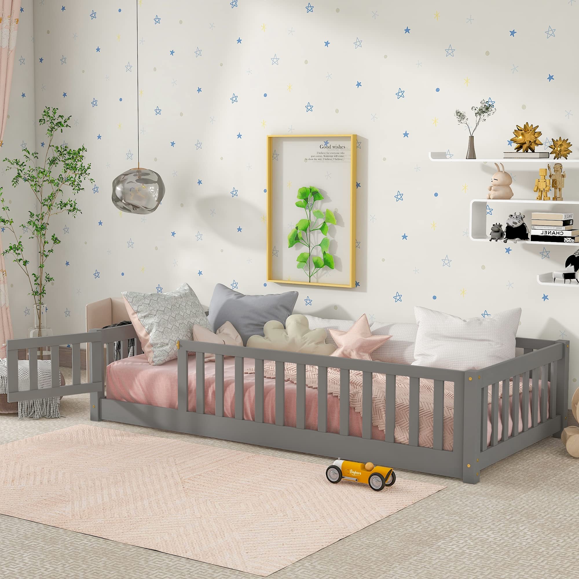 Montessori Twin Floor Bed for Kids - Wooden Bed Frame with Fence-Shaped Guardrails, Support Slats & Door - No Box Spring Needed - Gray (Twin Size) - Perfect for Toddlers, Boys & Girls - Ideal for Montessori Rooms, Daycare Centers & Small Kids' Bedrooms