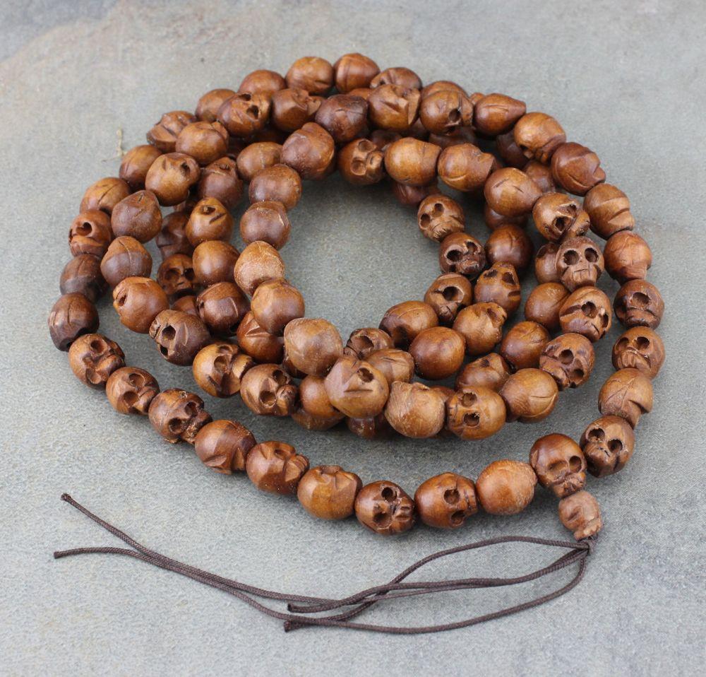 Hand Carved Wooden Skull Beads Mala - 108 Meditation Prayer Beads for Yoga, Mindfulness & Spiritual Practice - Unique Boho Jewelry Gift for Men & Women