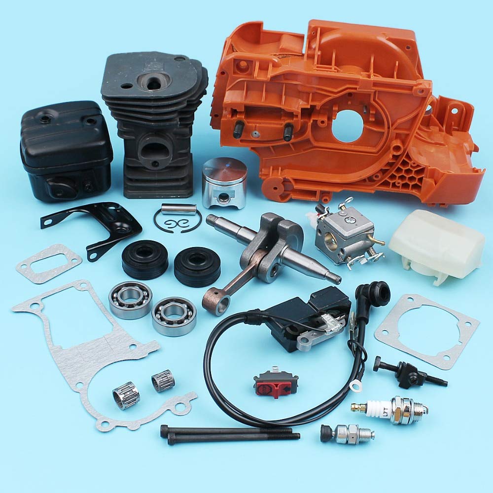 Husqvarna 340 345 Chainsaw Replacement Parts - 42mm Crankcase Cylinder Piston Crankshaft Carburetor Kit with Ignition Coil, Muffler & Exhaust Bracket Bolts | Compatible with Husqvarna 340 345 Chainsaws | Perfect for Chainsaw Repair & Maintenance