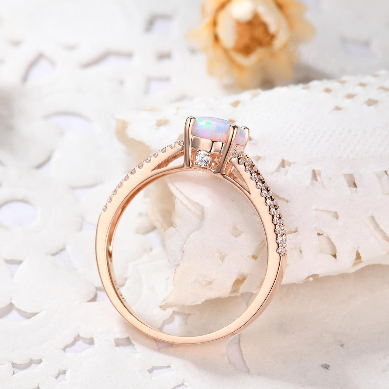 Vintage Opal Engagement Ring - Split Shank Round Cut Opal Wedding Band in Rose Gold | Perfect for Proposals, Anniversaries & Romantic Occasions