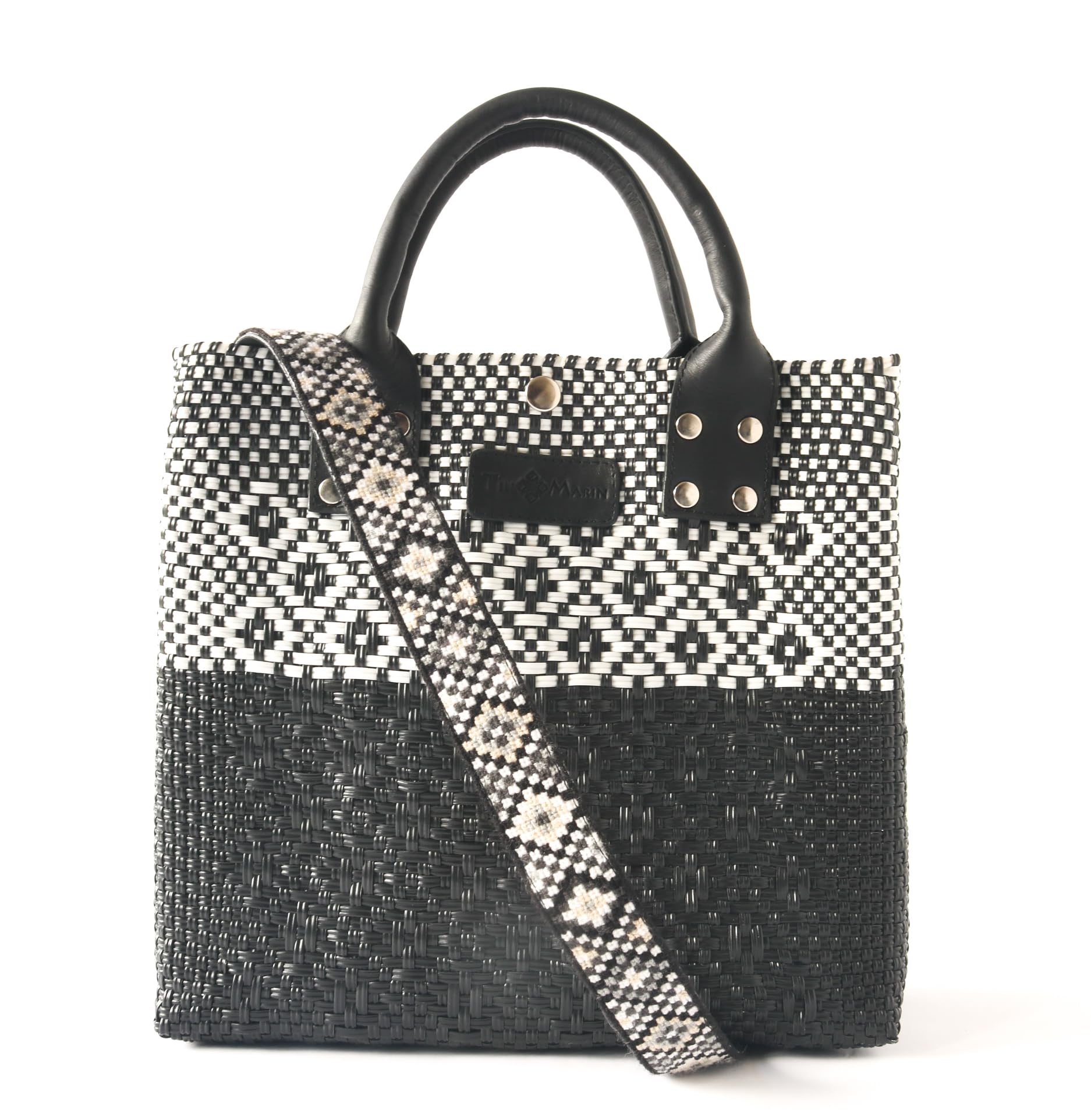 Stylish Black Large Woven Crossbody Bag with Leather Handles & Adjustable Strap - Eco-Friendly Handwoven Recycled Plastic Purse | Mexican Oaxaca Tote for Women | Perfect for Summer, Work & Everyday Use | Casual Outings, Beach Trips & Office Commute
