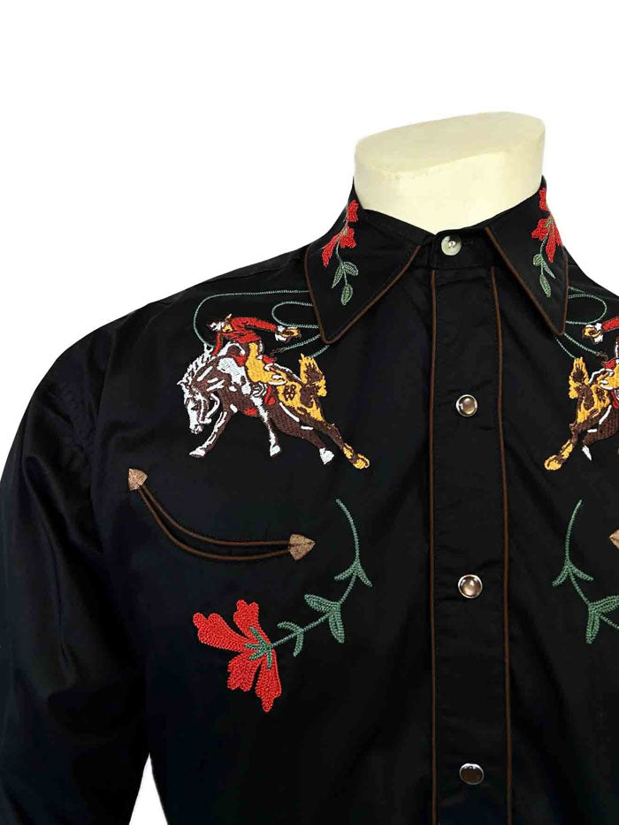 Rockmount 6840 BLK Men's Vintage Bronc Embroidered Western Shirt - Black Cowboy Shirt for Rodeo, Country Music & Western Fashion