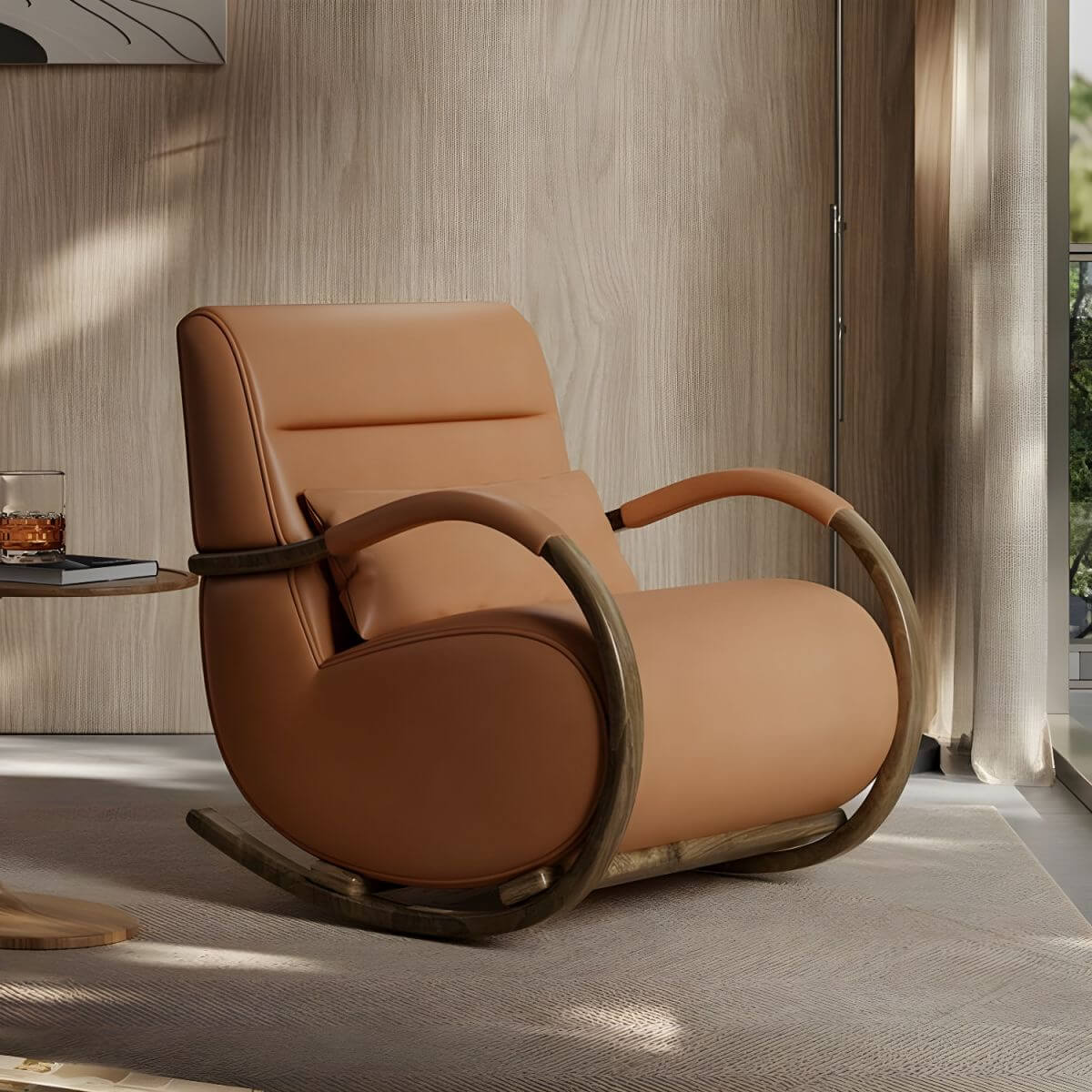 Modern Brown Wood Indoor Rocking Chair with Spindle Back & Water-Resistant Seat - Perfect for Nursery, Living Room & Relaxation