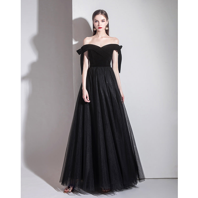 Elegant Off Shoulder Black Tulle Long Prom Dress for Formal Evening Gowns - Perfect for Homecoming, Prom Night, and Special Occasions