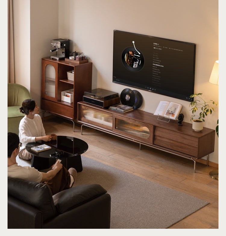Solid Black Walnut Wood TV Stand with Sliding Barn Doors - Rustic High Foot Floor Storage Cabinet for Living Room, Bedroom & Home Theater
