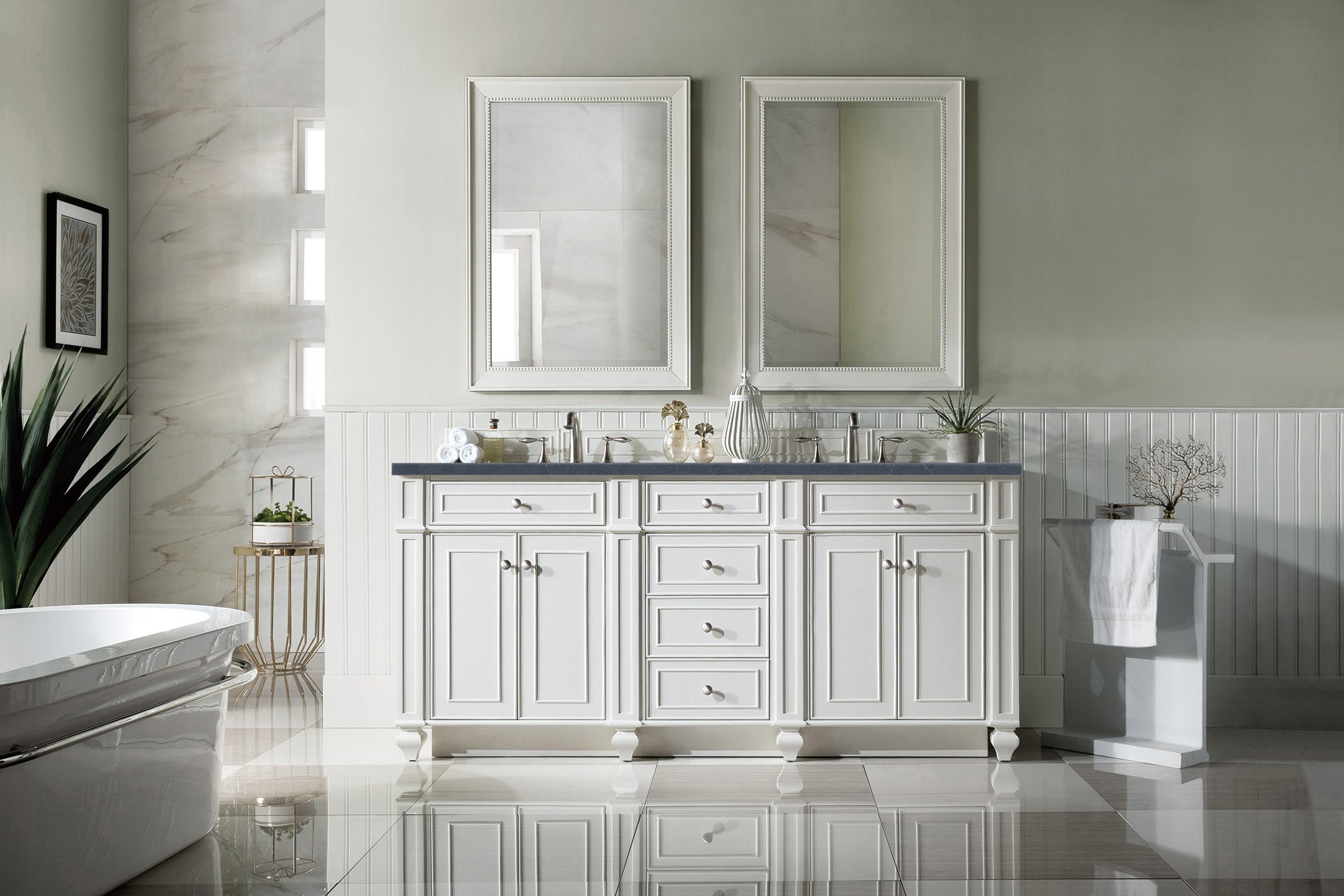 Bristol 72-Inch Double Bathroom Vanity Set with Charcoal Soapstone Quartz Top in Bright White - Perfect for Master Bathroom Renovation & Modern Home Upgrade