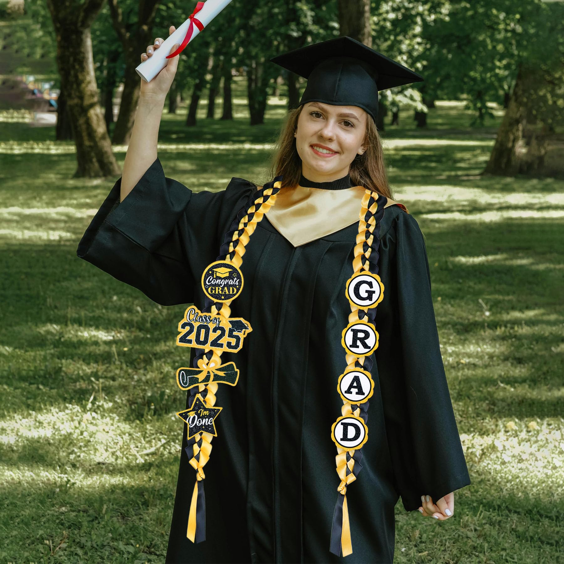2025 Graduation Money Leis - Handmade Double Braided Ribbon Lei with 8 Glitter Patches for Graduation Party Decor (Black & Gold) | Perfect for High School & College Graduation Gifts