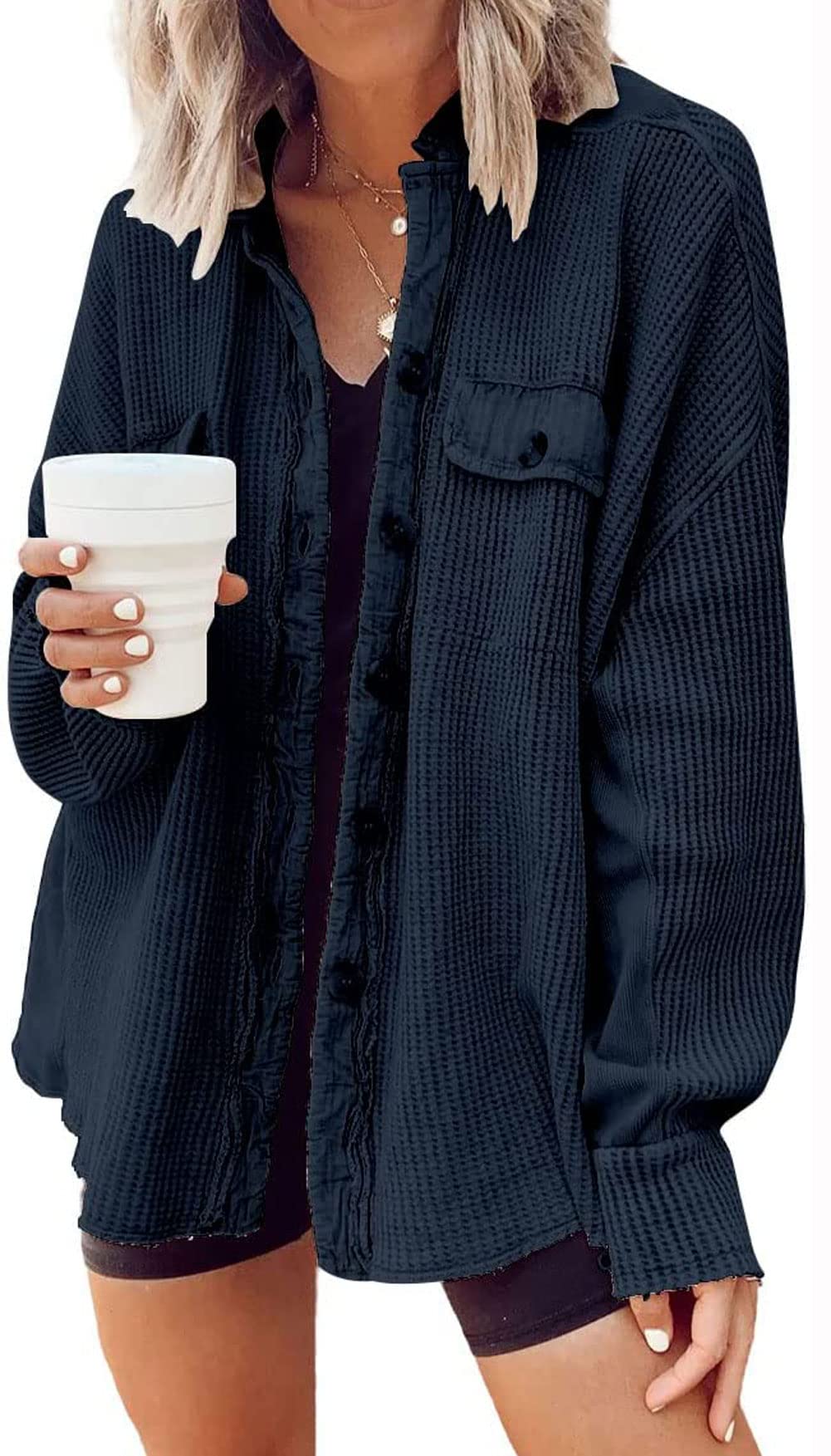 Loveimgs Women's Oversized Waffle Knit Corduroy Shacket - Long Sleeve Button Down Shirt Jacket for Fall | Casual Outfit, Layering Piece, Autumn Fashion Staple