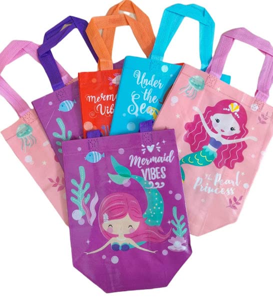 TERA 13 Pack of 10 Mermaid Themed Reusable Tote Bags for Girls - Birthday Party Favors, Gift Bags, Shopping Bags & Multipurpose Carry Bags - Perfect for Birthday Parties, Beach Trips & Grocery Shopping