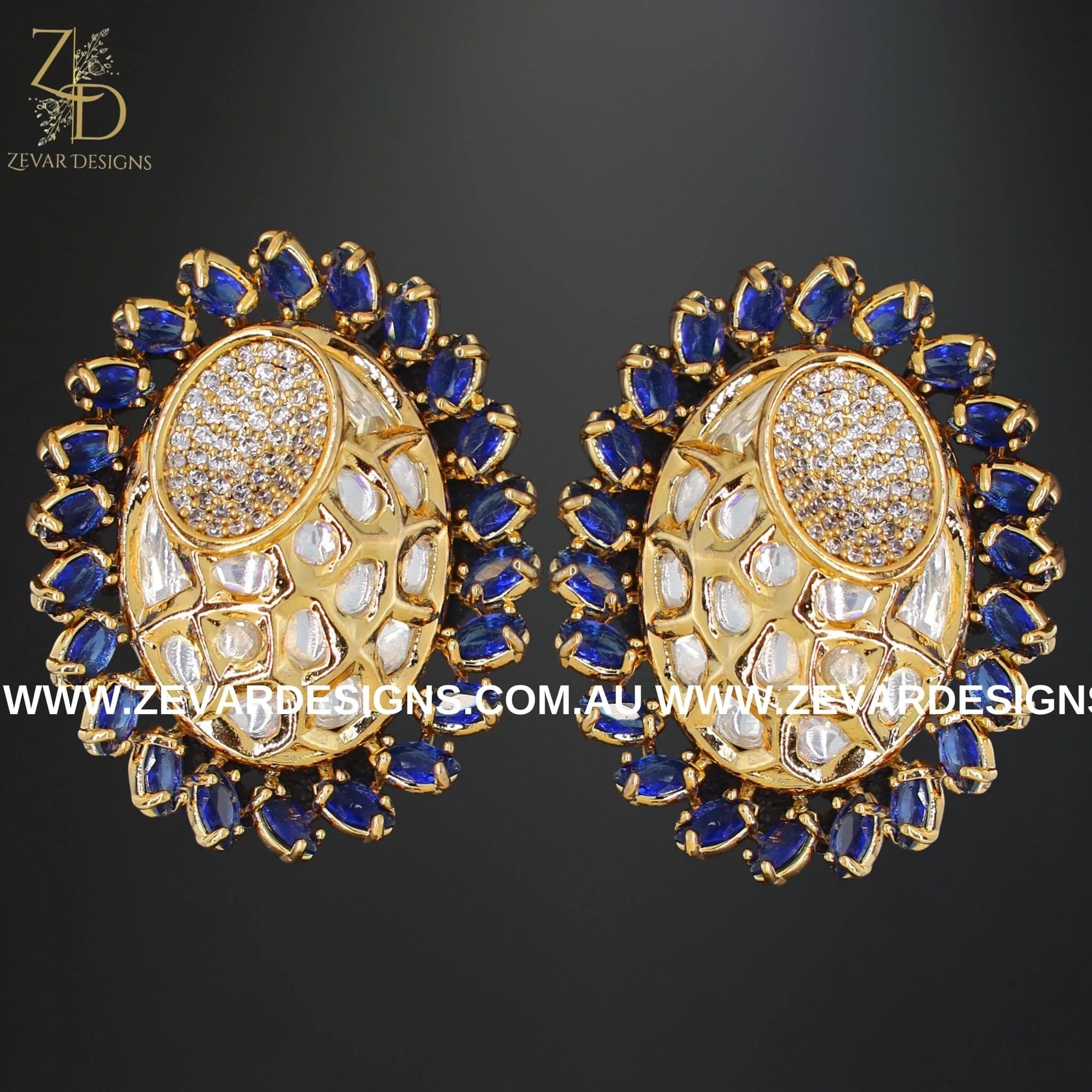 Exquisite AD and Kundan Polki Stud Earrings with Sapphire Blue Stones | Traditional Indian Jewelry for Weddings, Parties & Festive Occasions