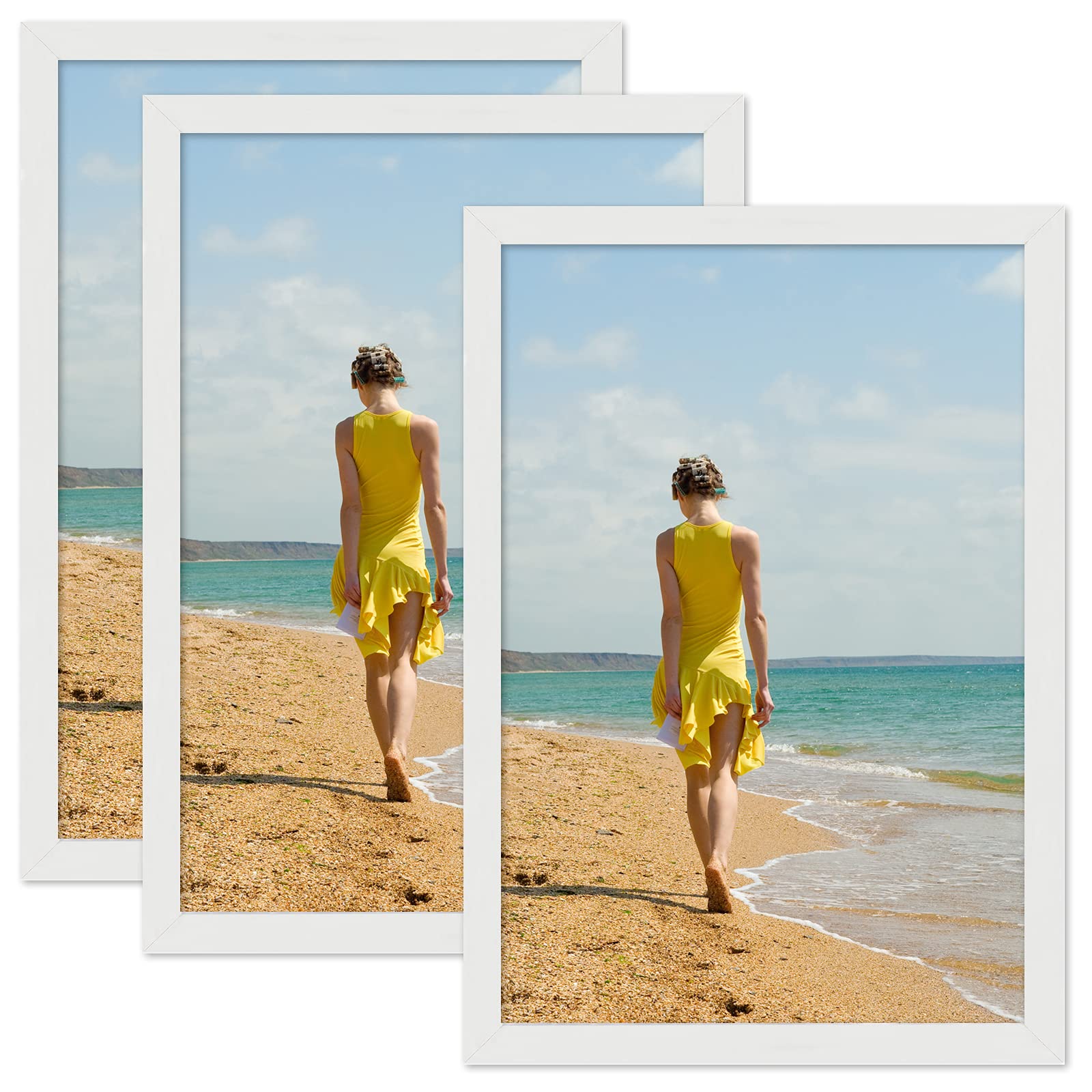 CKCY 12x18 Picture Frame Set of 3 - White Wooden Wall Photo Frames with HD Plexiglass for Posters, Artwork & Home Decor - 12 by 18 Inch Modern Display Frames for Living Room, Bedroom & Office