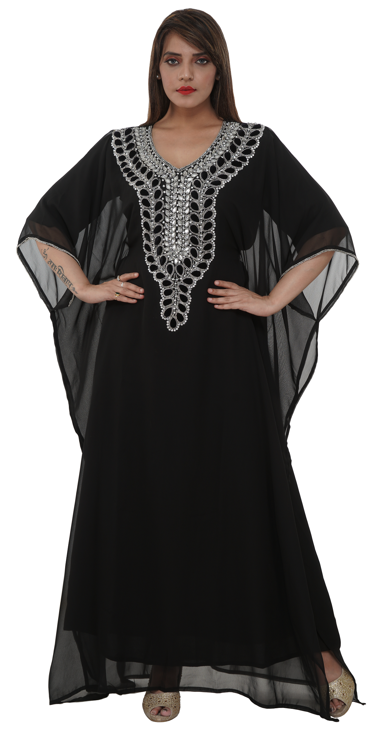 Elegant Embroidered Maxi Dress with Black Velvet Beading - Perfect for Weddings, Parties & Evening Events