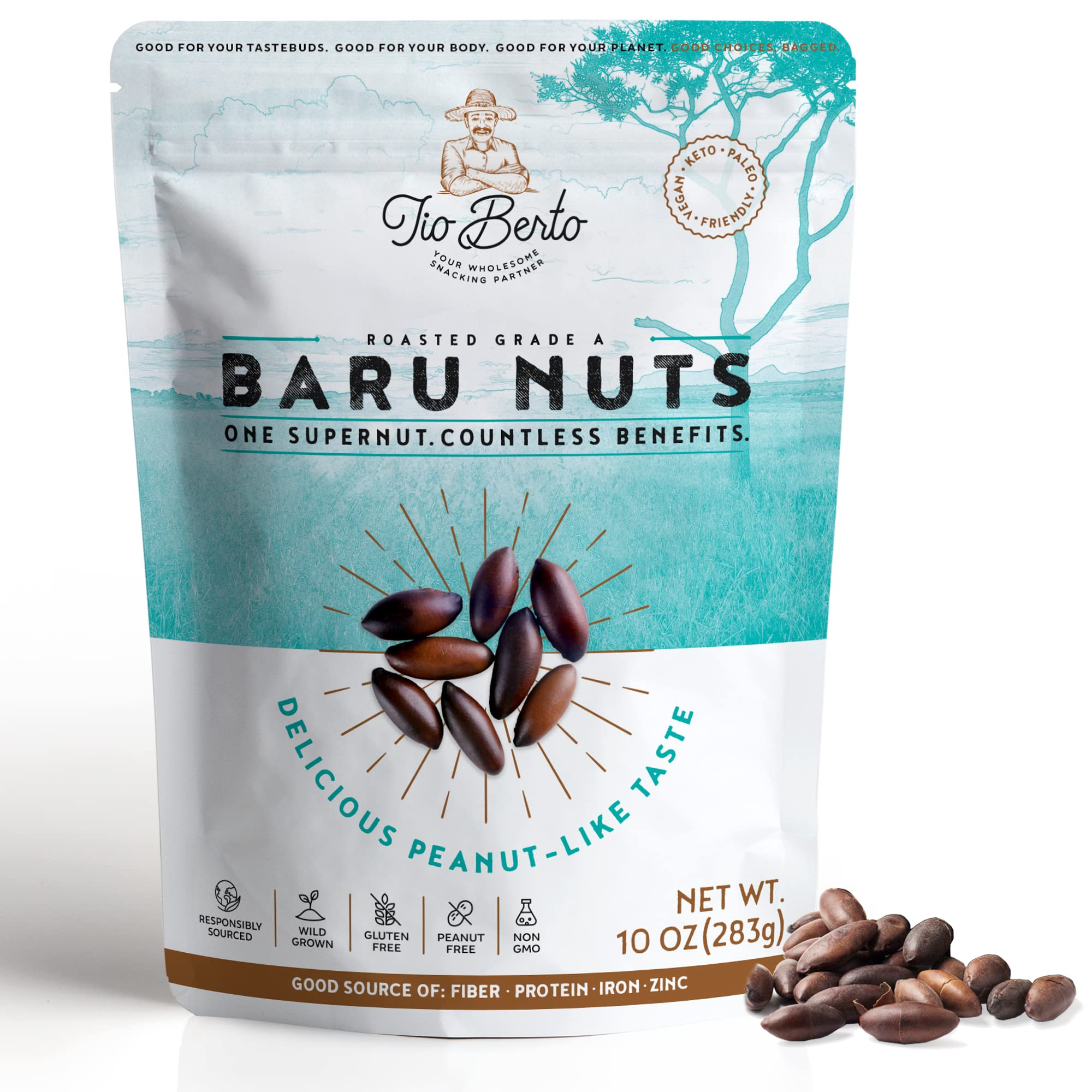 Organic Baru Nuts Roasted - 10oz Resealable Bag | Crunchy, Delicious & Healthy Superfood Snack | Vegan, Gluten-Free, Keto & Peanut-Free | High Protein Wild Nuts by Tio Berto | Perfect for Trail Mix, Salads & Healthy On-the-Go Snacking