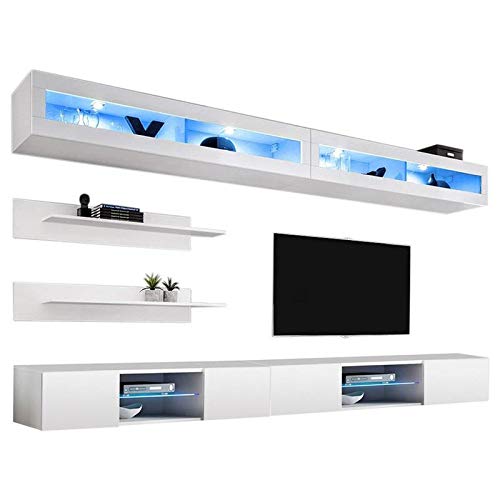 Modern White Wall-Mounted TV Stand with Storage Shelves & LED Lights - I2 33TV Entertainment Center Console for Living Room & Bedroom - Space-Saving Media Storage Solution for Apartments and Small Spaces
