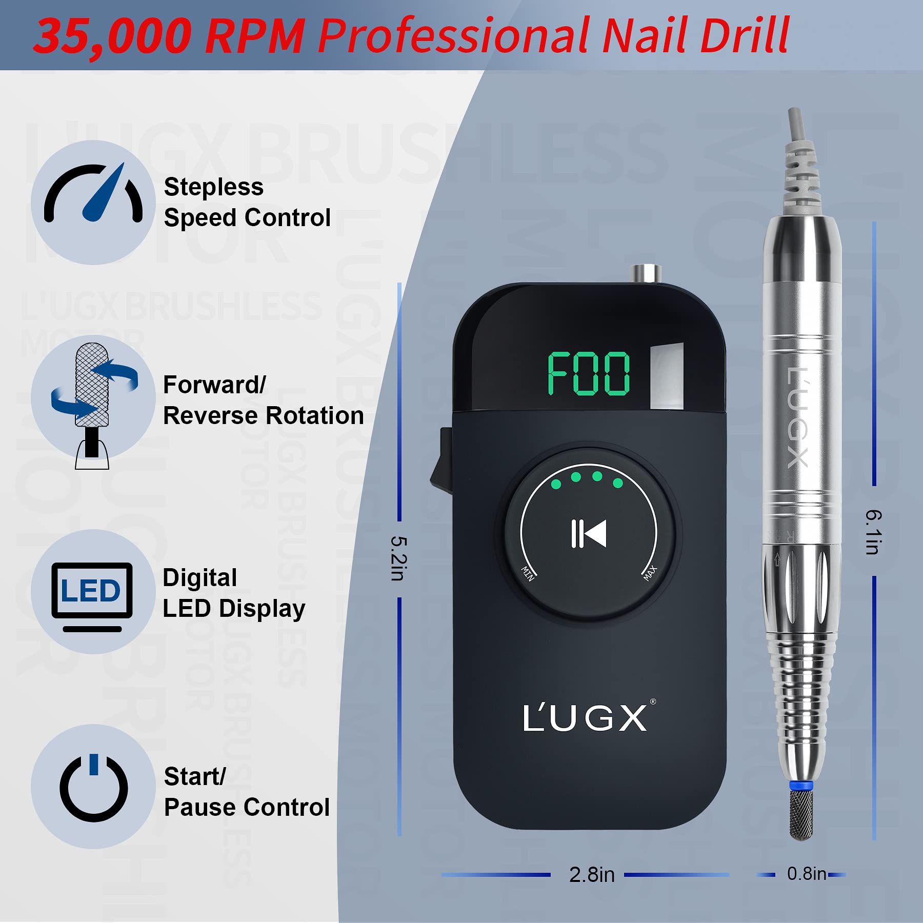 Professional L'UGX 35000RPM Brushless Electric Nail Drill Machine - Cordless Rechargeable Nail Efile for Acrylic & Gel Nails with 8Pcs Drill Bits | Low Noise & Vibration | Perfect for Salon, Home Manicure & Nail Art Professionals