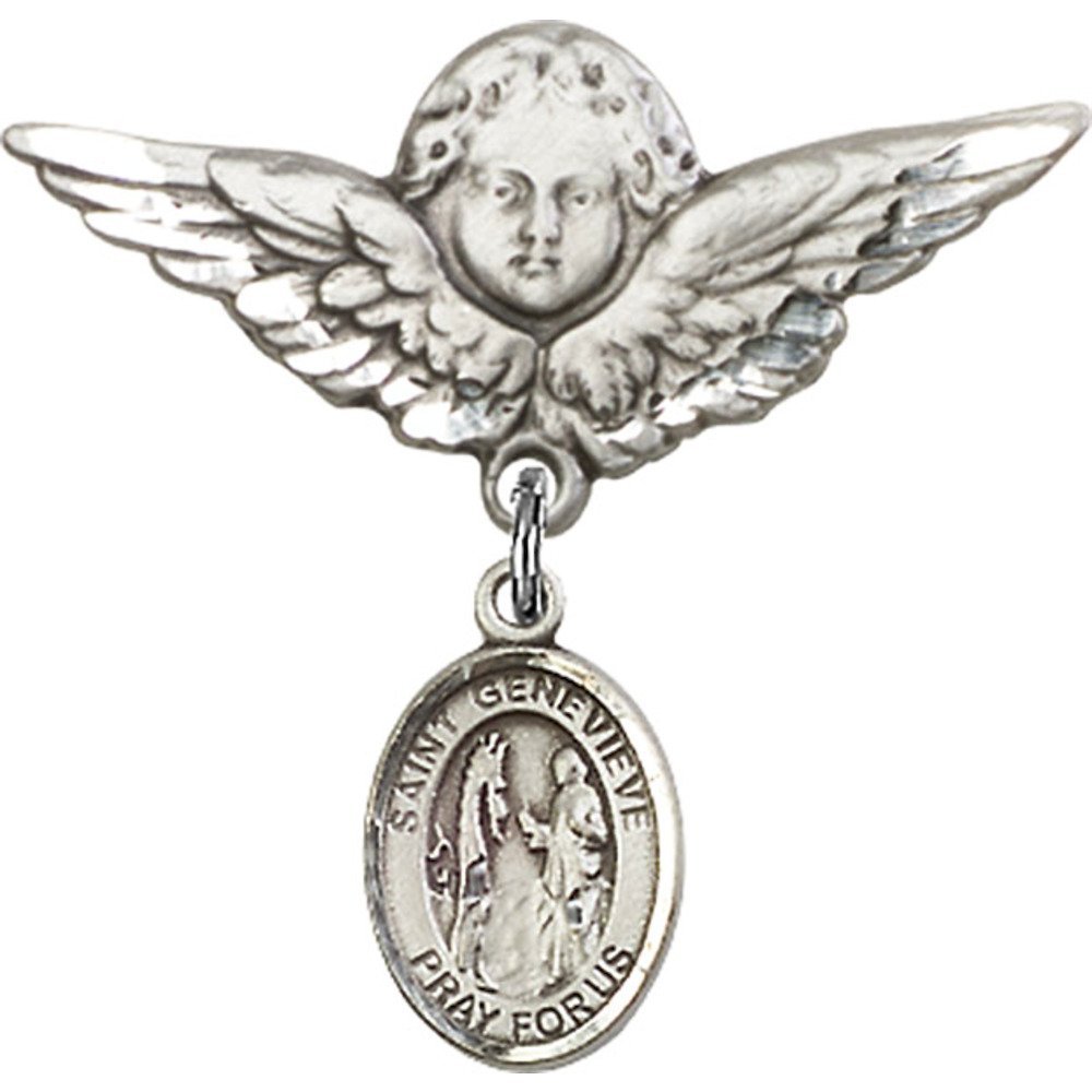 Sterling Silver Baby Badge with St. Genevieve Charm & Angel Wing Pin - 1 1/8