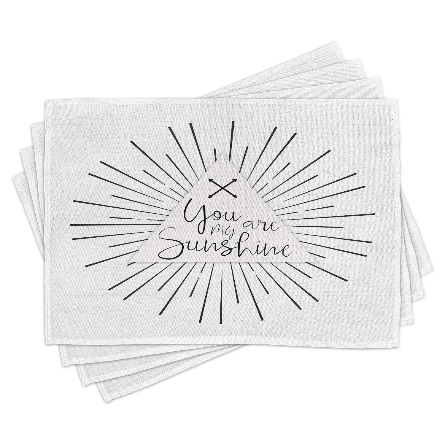 Ambesonne 4-Piece Minimalist Monochromatic Tribal Boho Placemats Set - Washable Fabric Dining Table Mats with Geometric Rays, Lines & Arrow Design in Charcoal Grey & White - Perfect for Kitchen, Dining Room & Boho Home Decor