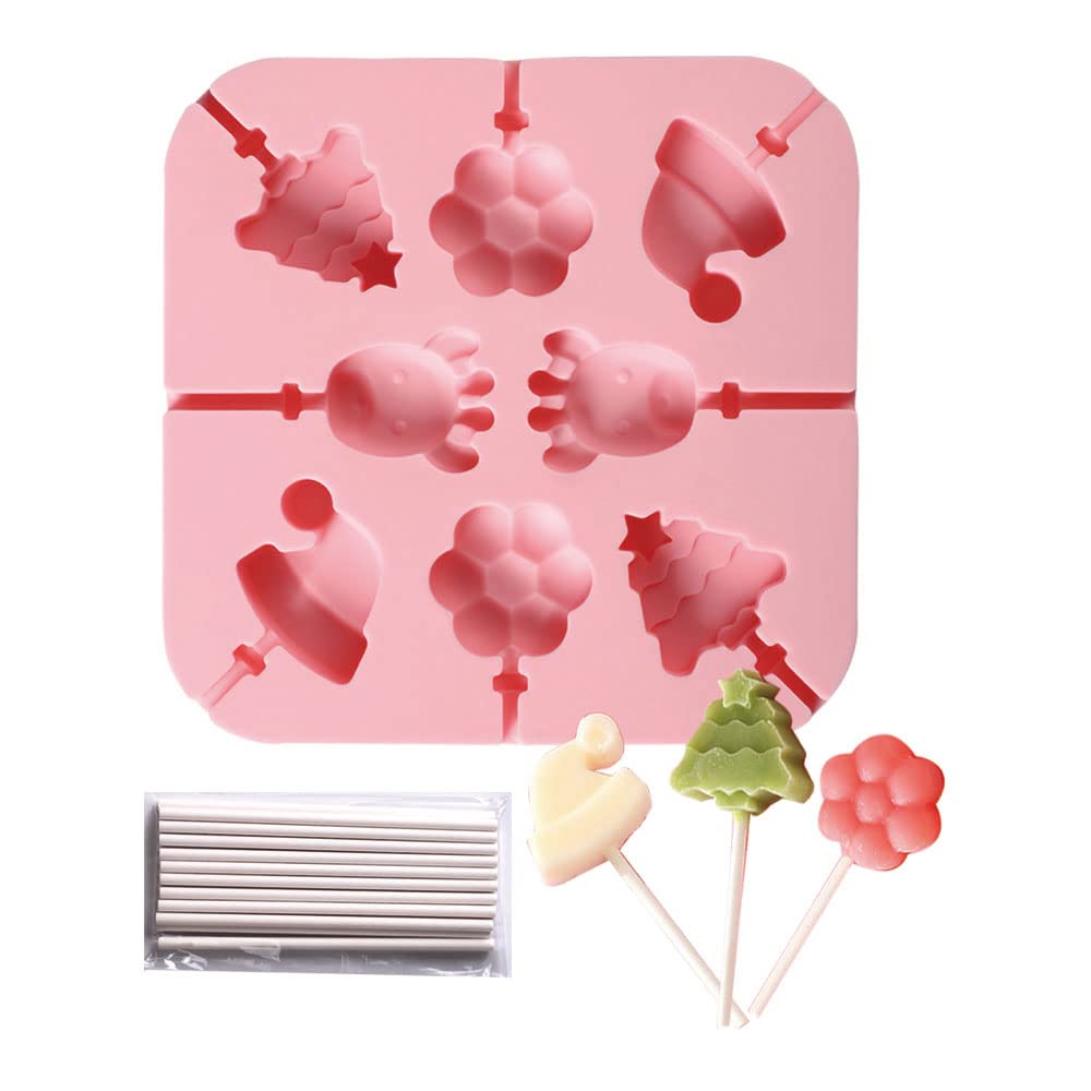 XBXPCOOL 8-Cavity 3D Silicone Lollipop Molds Set - DIY Chocolate, Candy, Gelatin Gummy & Jelly Molds with 20pcs 4-inch Lollipop Sticks (Christmas Hat & Tree Design) - Perfect for Holiday Treats, Birthday Parties & DIY Dessert Making