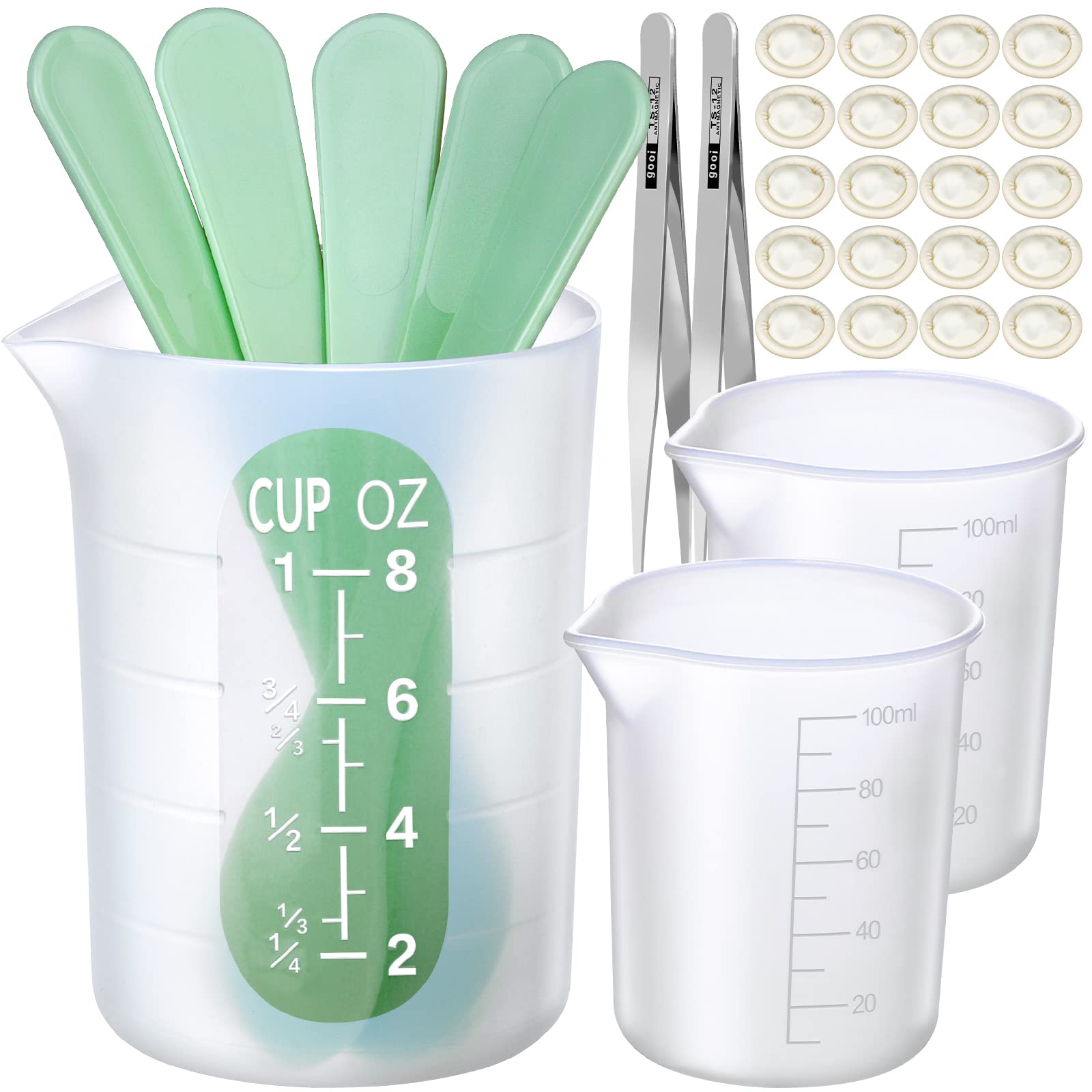 LEOBRO 250ml & 100ml Silicone Measuring Cups for Epoxy Resin - Reusable Mixing Cups with Thick Stir Stick, Finger Cots & Tweezers - Perfect for Resin Art, Jewelry Making and DIY Craft Projects