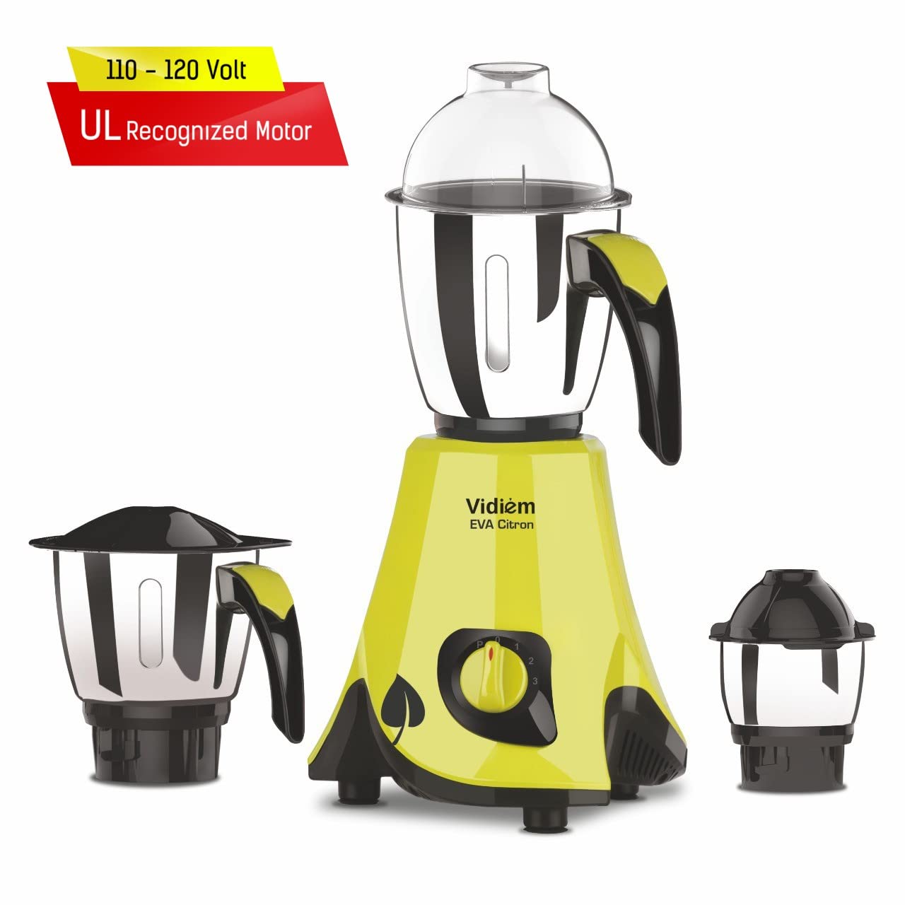 Vidiem Eva Citron 550W 110V Mixer Grinder with Stainless Steel Jars - Powerful Countertop Blender for Spices, Coffee & Grains | Perfect for Indian Cooking, Baking & Smoothies in USA & Canada