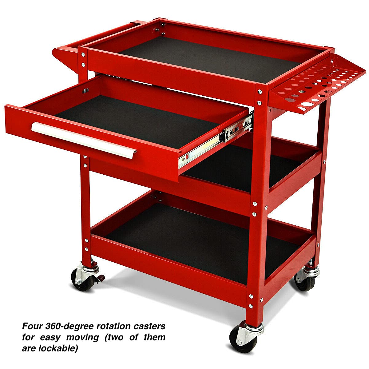 3-Tier Red Rolling Tool Cart with Drawers - Heavy Duty Steel Mechanic Toolbox Organizer for Garage, Workshop & Warehouse | Multi-Storage Space, Drawer Plug | Perfect for DIY Projects & Professional Use