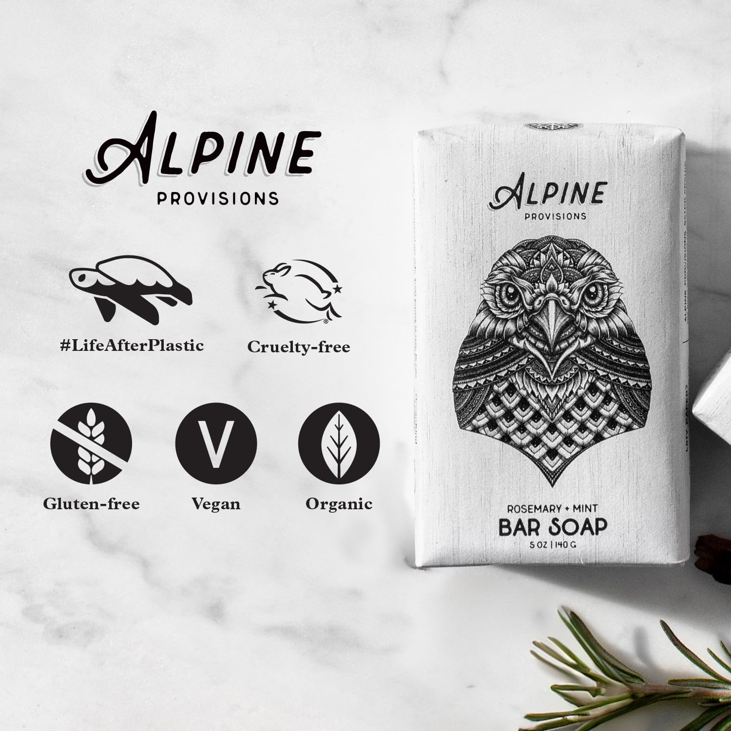 Alpine Provisions Rosemary & Mint Bar Soap - Moisturizing & Cleansing Natural Soap with Essential Oils, RSPO Certified Palm Oil - Vegan, Organic, Sulfate-Free for Soft Hands - 5 Oz (Pack of 1) - Perfect for Daily Skincare & Eco-Friendly Bathroom Routine