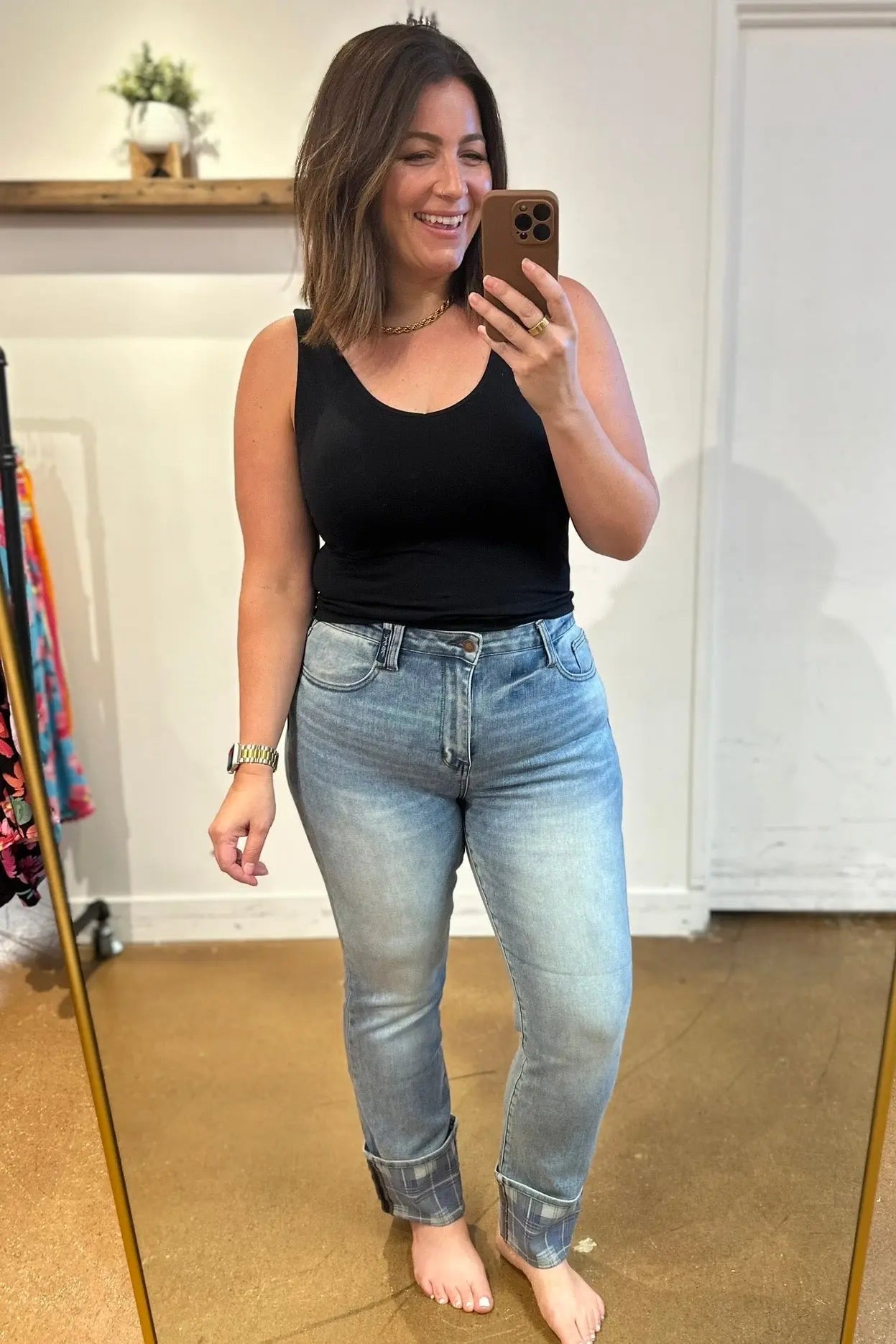 Miranda High Rise Plaid Cuff Vintage Straight Jeans for Women - Classic Retro Denim Pants with Checkered Hem Detail | Perfect for Casual Outfits, Date Nights & 90s Fashion Looks