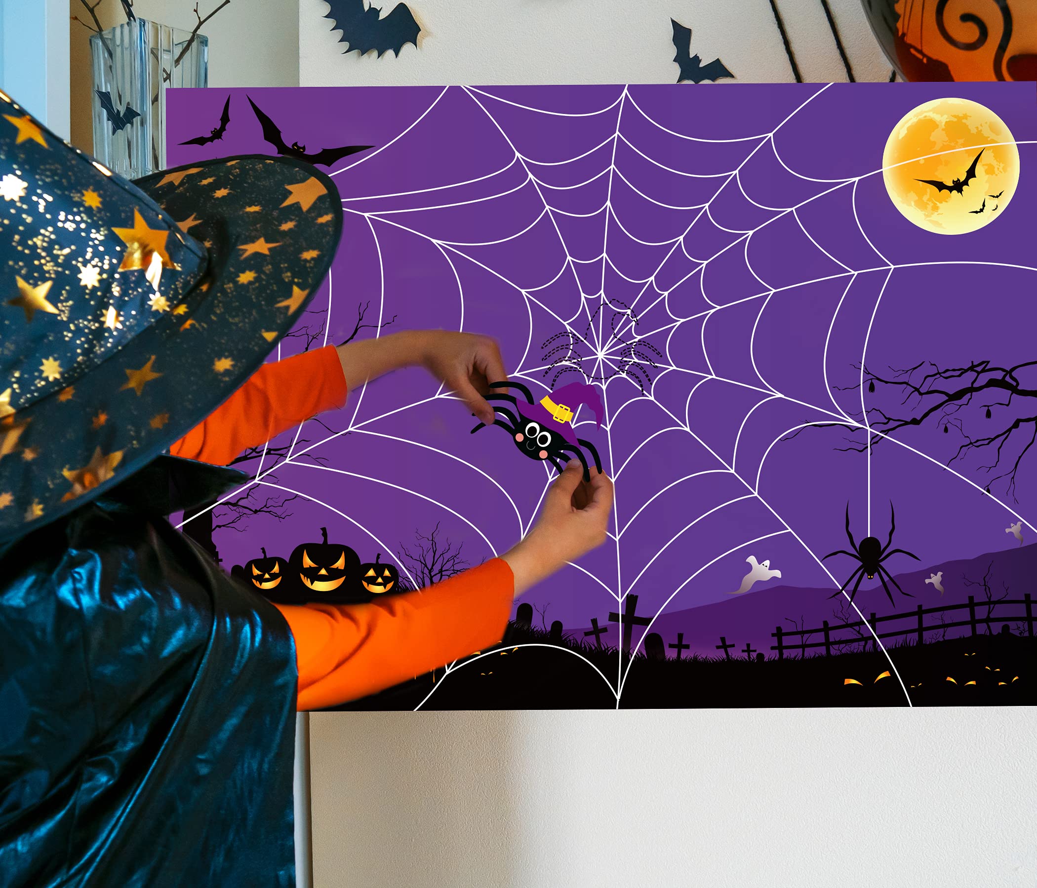 BAYLAY Halloween Pin The Tail Game - Fun Pin The Spider On The Web Party Game for Kids | Indoor & Outdoor Halloween Activities | Perfect for Halloween Parties, Classroom Games & Family Gatherings