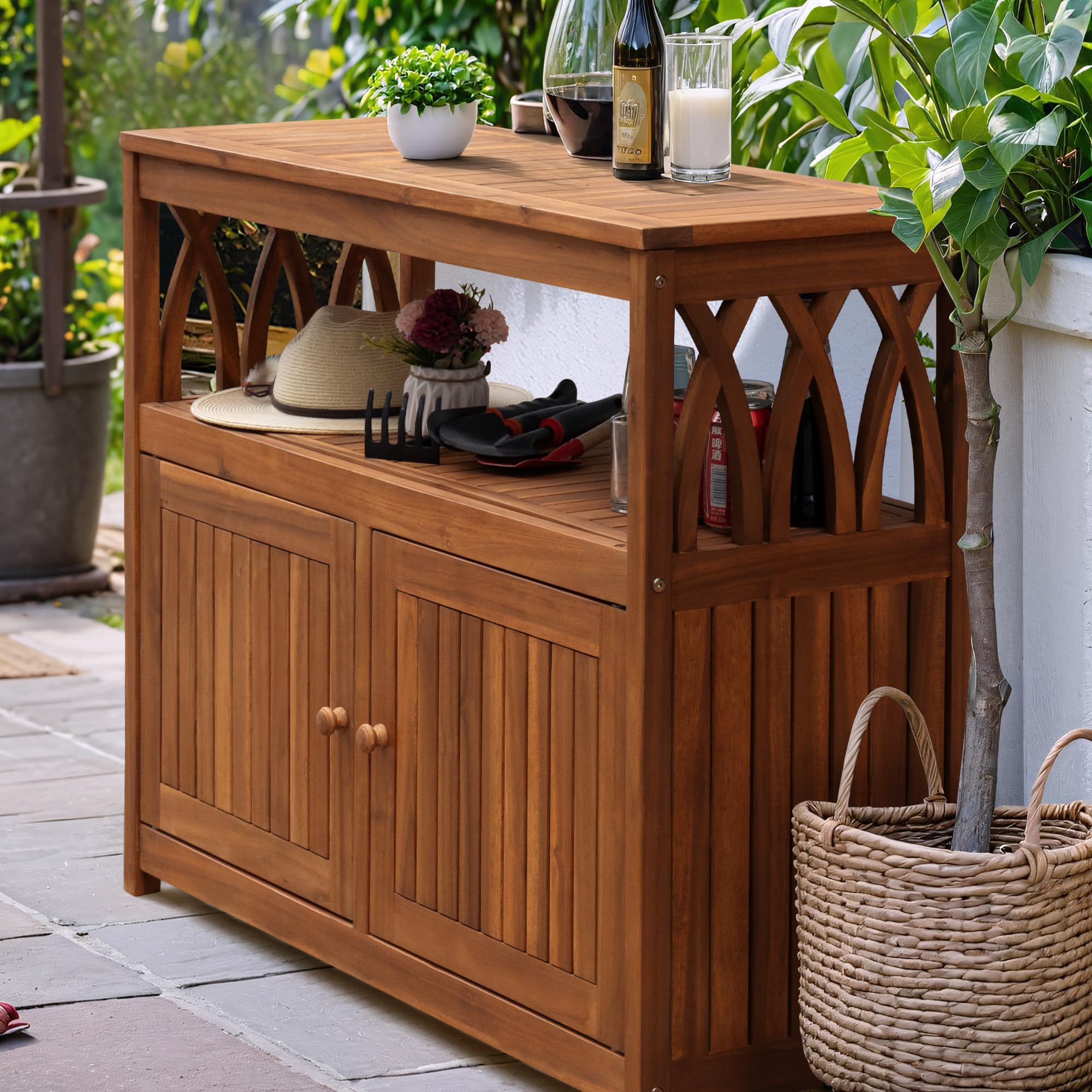 **Weatherproof Acacia Wood Outdoor Storage Cabinet with 2 Magnetic Doors – Ideal for Patio, Garden, Backyard, TV Stand, Bar Table & Potting Bench (Brown)**
