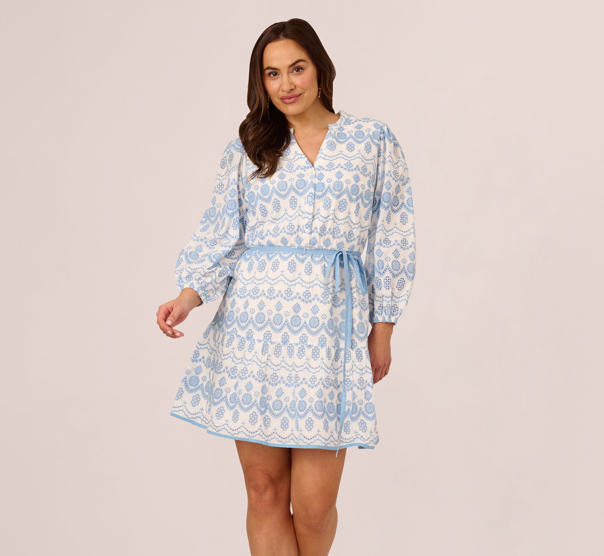 Plus Size Long Sleeve Flounce Eyelet Shirt Dress in Light Blue & Ivory - Elegant Casual Wear for Women, Perfect for Office, Date Night & Spring Outfits