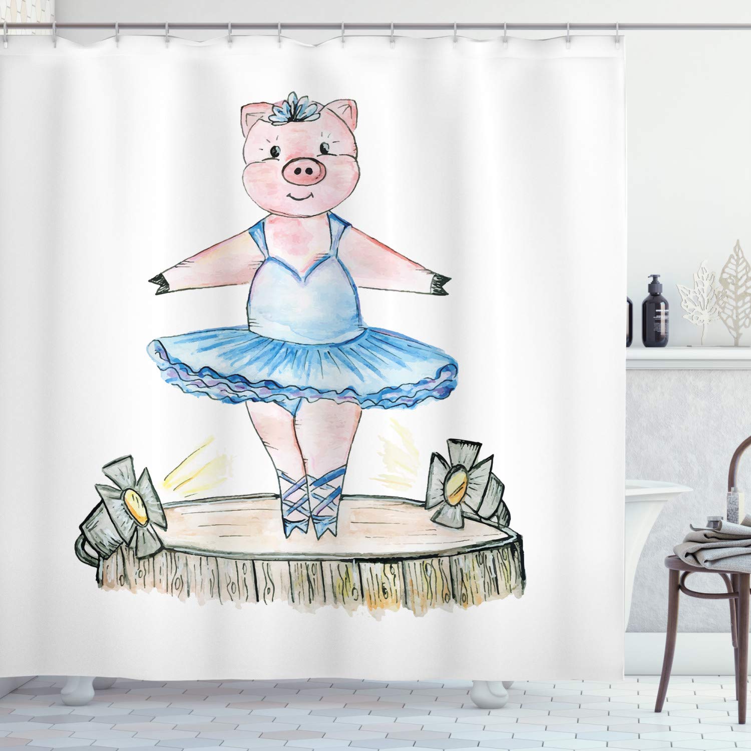 Ambesonne Ballerina Shower Curtain - Pig in Ballet Outfit Stage Illustration, 69x70 Inch Colorful Fabric Bathroom Decor with Hooks | Perfect for Kids' Bathrooms, Ballet Themed Decor & Unique Gift Ideas