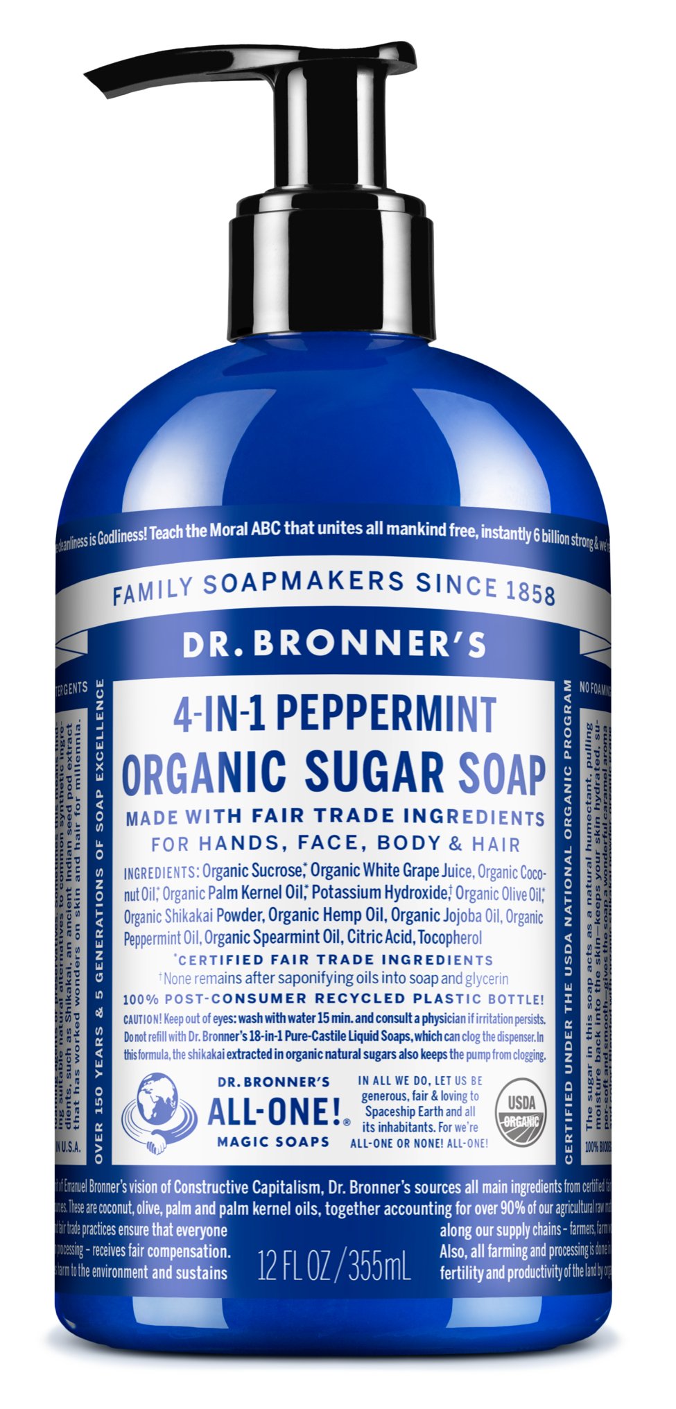 Dr. Bronner's Organic Peppermint Pump Soap - USDA Certified, 18-in-1 Uses, Vegan & Cruelty-Free - Perfect for Hand Wash, Body Wash & Household Cleaning