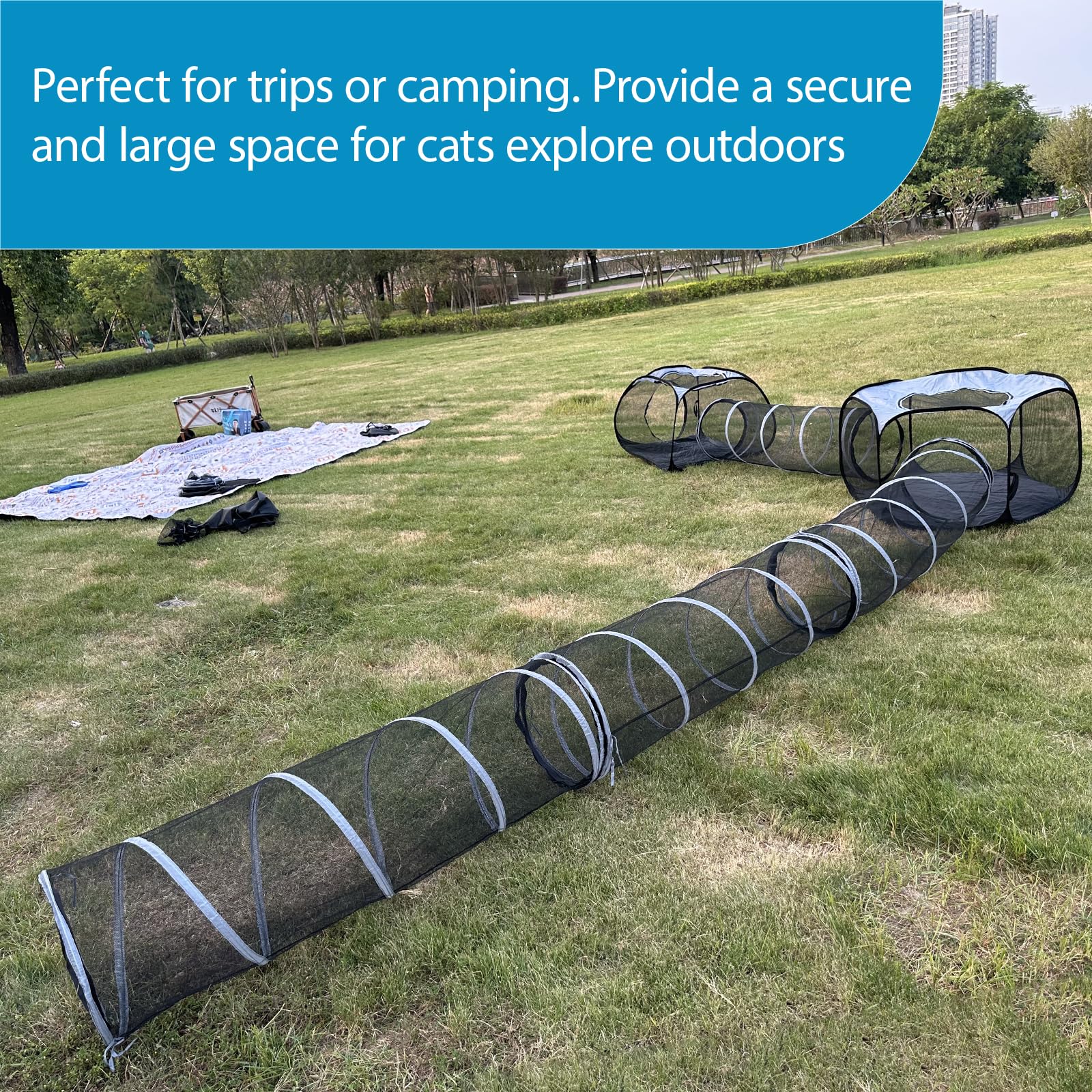 Large Outdoor Cat Tunnel and Tent Playpen - Pop Up Enclosure for Multiple Cats - Portable Playhouse for Small Pets - Perfect for Backyard Adventures, Indoor Playtime & Pet Exercise