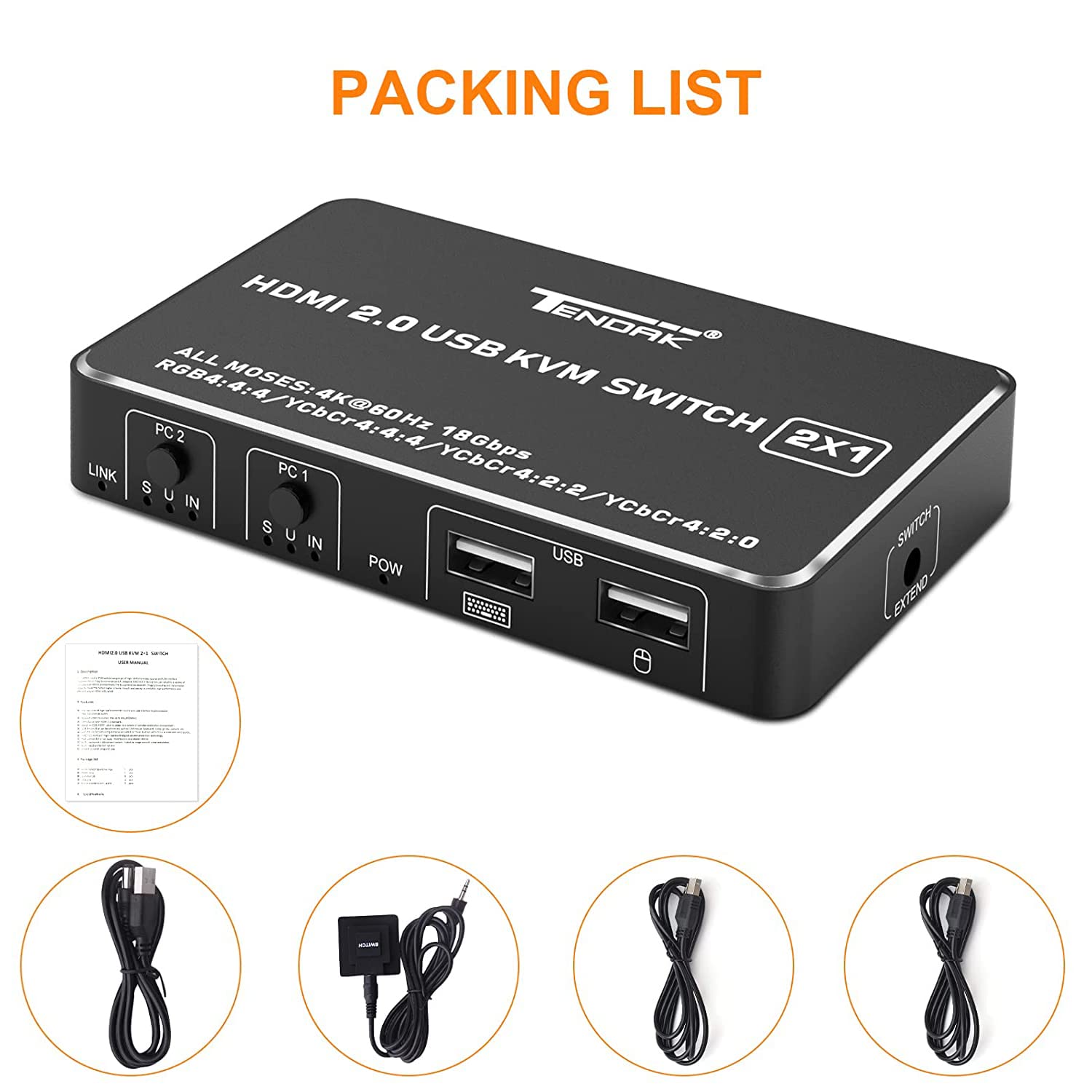 Tendak 2x1 HDMI 2.0 KVM Switch with USB 2.0 Ports - 4K@60Hz HDCP 2.2 Support for PC, PS4, Xbox - Keyboard & Mouse Sharing Switch for Dual Computer Setup - Perfect for Gaming, Office & Home Theater Systems
