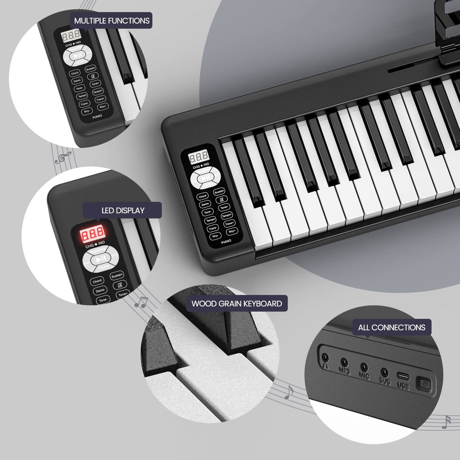 61-Key Folding Digital Piano with Light-Up Keys, Semi-Weighted Bluetooth MIDI Keyboard - Portable Piano for Beginners, Teens & Adults (Includes Stand & Bag) - Perfect for Home Practice, Music Lessons & Live Performances