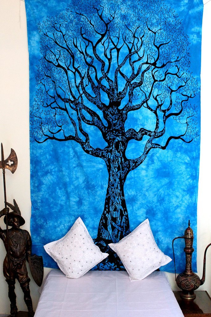 Blue and Black Mandala Cotton Printed Tapestry - Hippie Wall Hanging, Bed Sheet, Throw Blanket, Room Divider for Boho Bedroom Decor | Perfect for Dorm Rooms, Meditation Spaces & Festival Camping