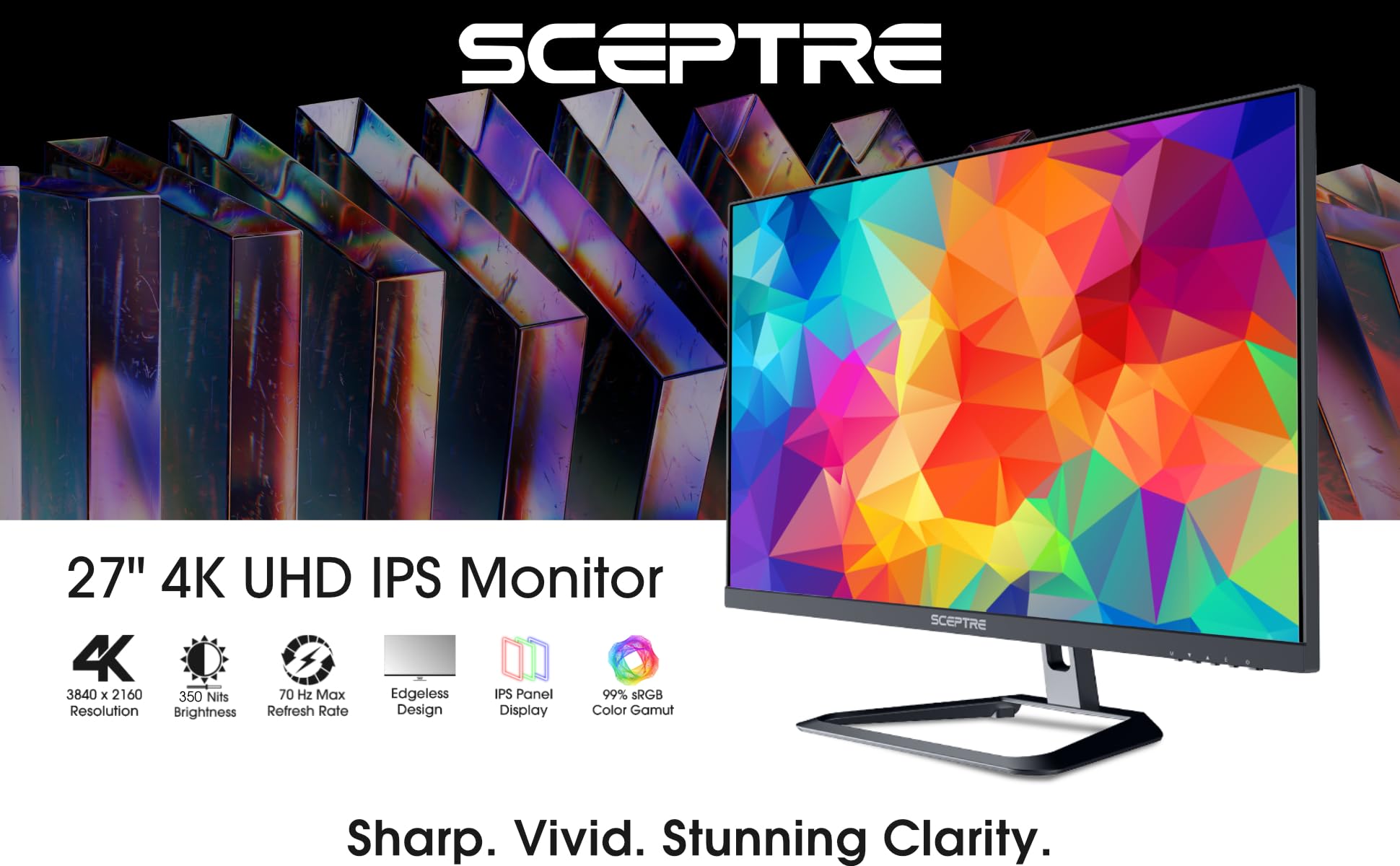 Sceptre 27-Inch 4K UHD IPS Monitor - 3840x2160 Resolution, 70Hz Refresh Rate, 99% sRGB, DisplayPort & HDMI, Built-in Speakers (U275W-UPT) - Perfect for Gaming, Graphic Design, and Home Office Workstations