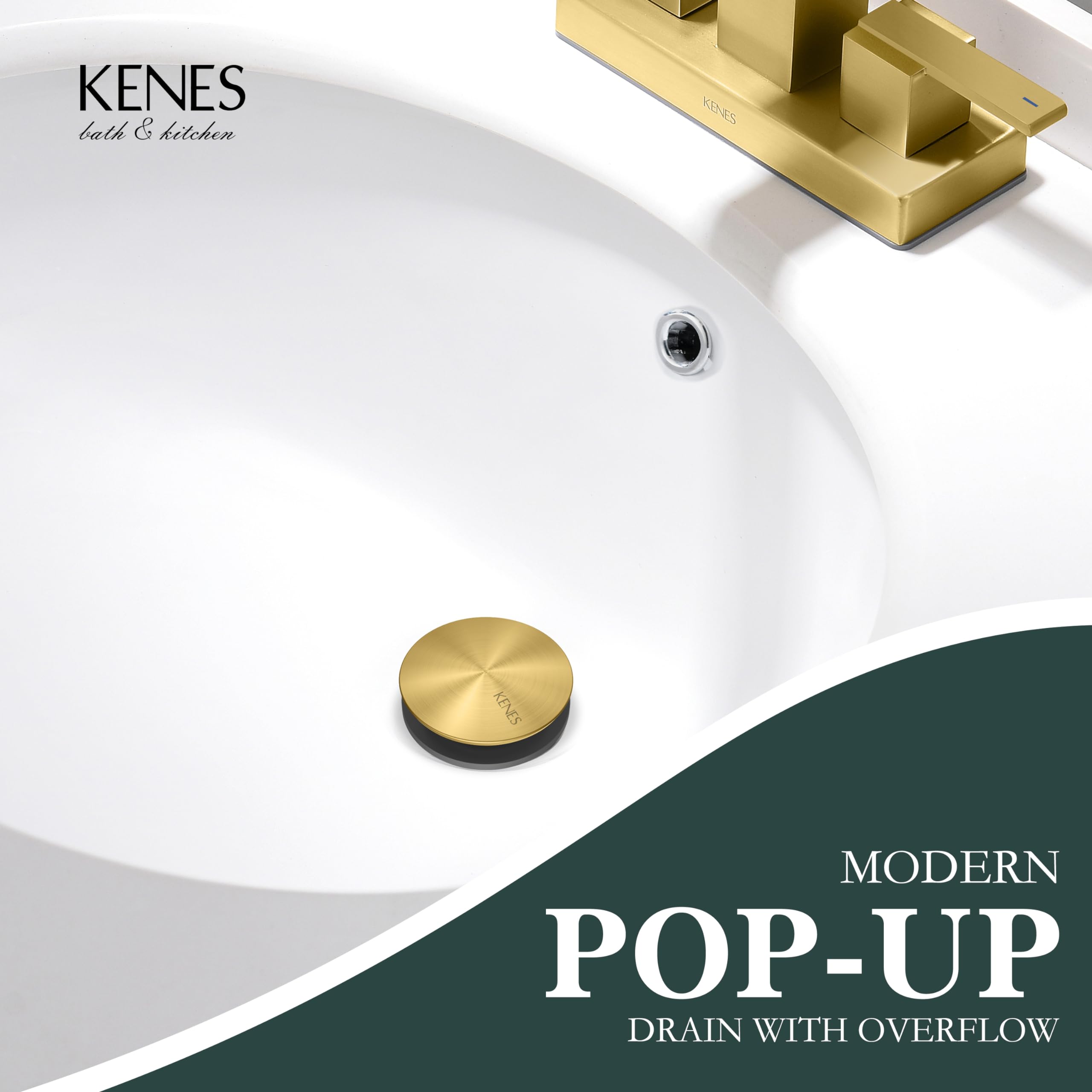 Kenes Brushed Gold Pop-Up Bathroom Sink Drain with Overflow & Strainer - Premium Vessel Vanity Drain Stopper for Modern Bathroom & Lavatory Sinks (Perfect for Home, Hotel, and Spa Renovations)