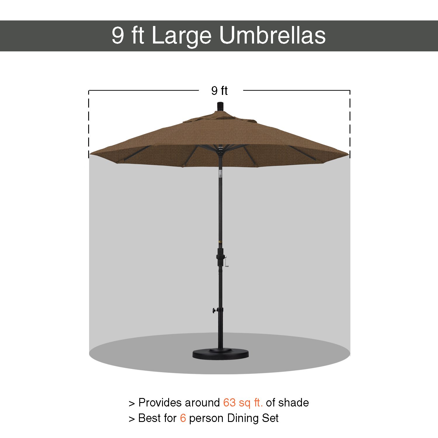 9' Round California Umbrella with Aluminum/Fiberglass Frame - Push Button Open, Silver Pole & Durable Olefin Fabric - Perfect for Patio, Poolside, and Outdoor Dining Areas