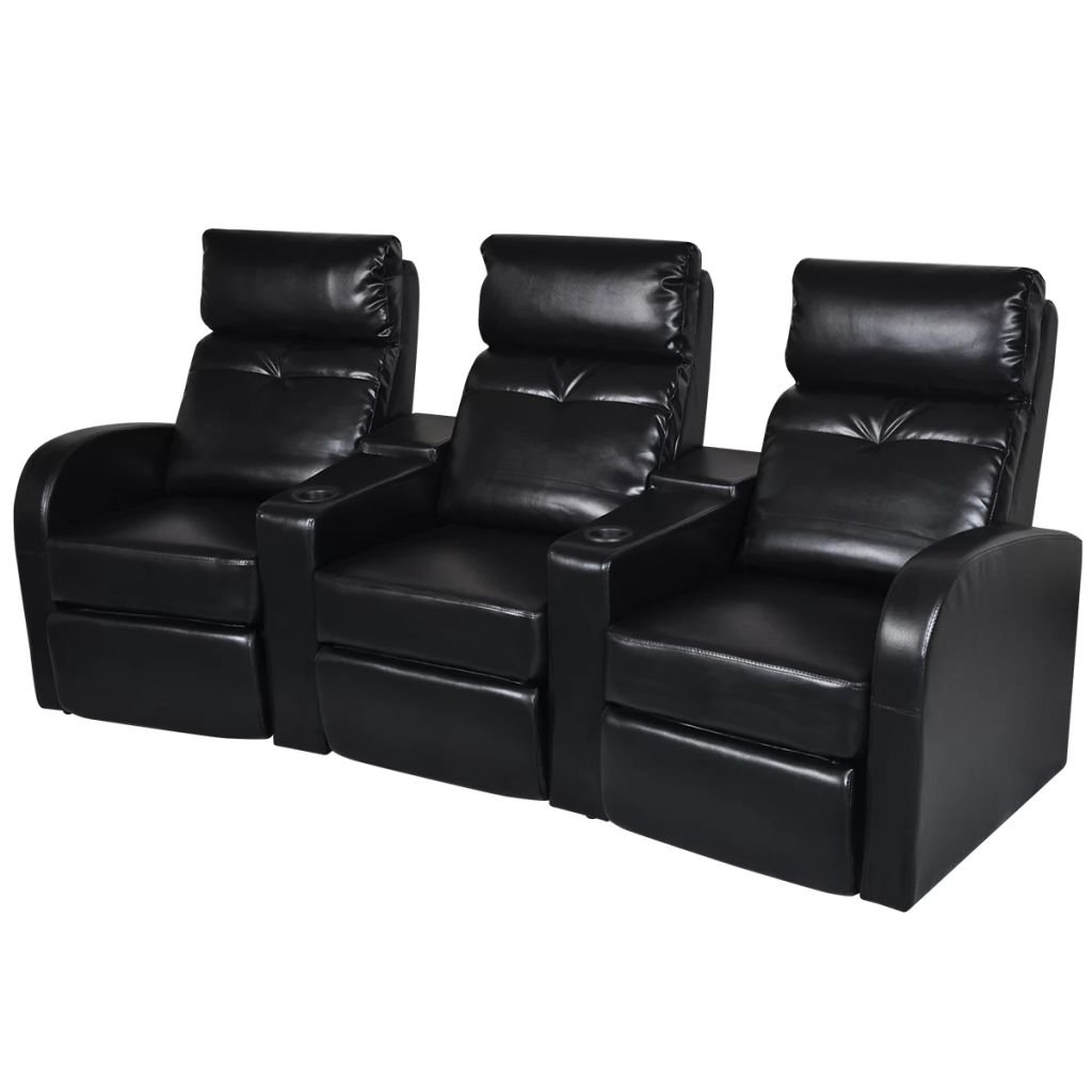 Modern 3-Seater Recliner Sofa with Cup Holders - Faux Leather Living Room Furniture for Home Theater & Lounge (Black, 89.4