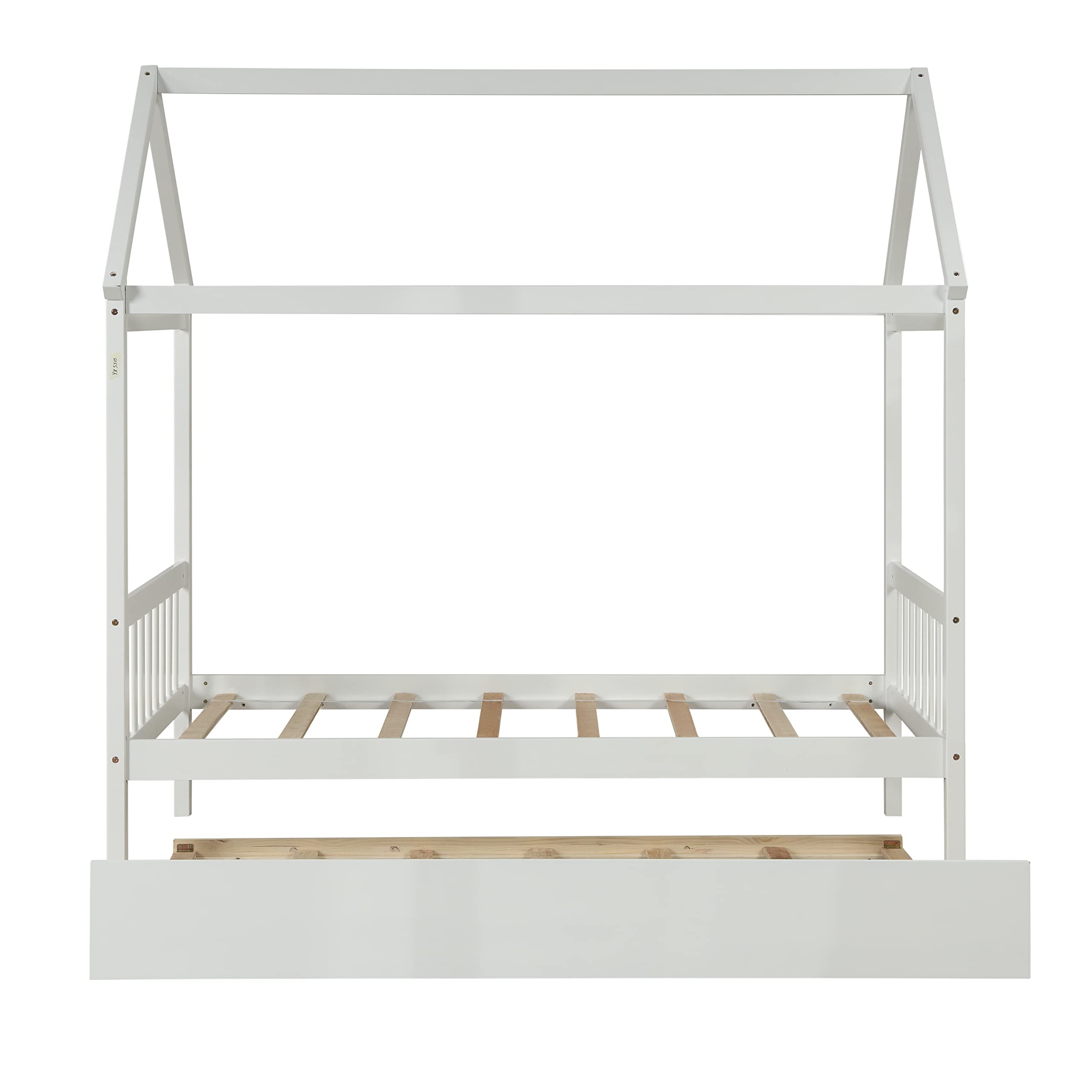 Merax Twin Size Wooden House Bed with Trundle - White Kids Bed Frame with Roof, Headboard & Footboard for Girls and Boys | Perfect for Bedroom Decor & Playtime