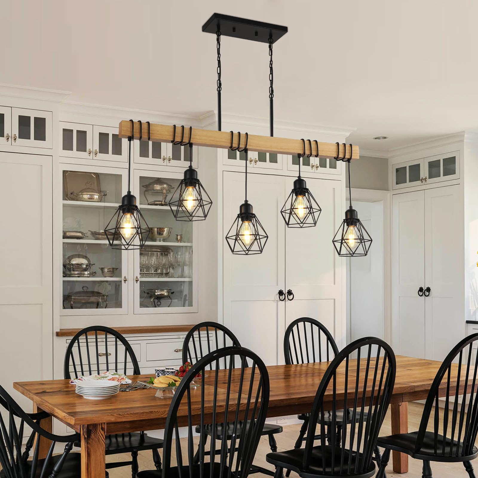 5-Light Modern Farmhouse Kitchen Island Chandelier - Black Rustic Wood Linear Pendant Light for Dining Room & Table - Perfect for Farmhouse, Rustic, and Modern Home Decor
