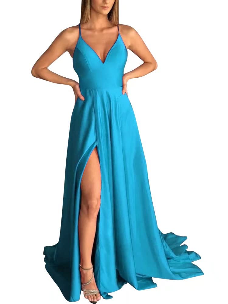 Elegant Turquoise V-Neck Satin Prom Dress with Thigh Slit - Sleeveless Formal Evening Gown for Women Size 18W - Perfect for Weddings, Galas & Special Occasions