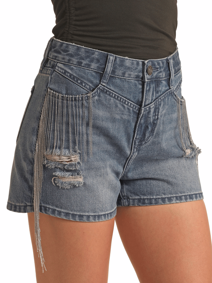Rock & Roll Denim BW68D03556 Women's High Rise Chain Fringed Shorts - Vintage Distressed Denim Cutoffs for Concerts & Summer Outfits