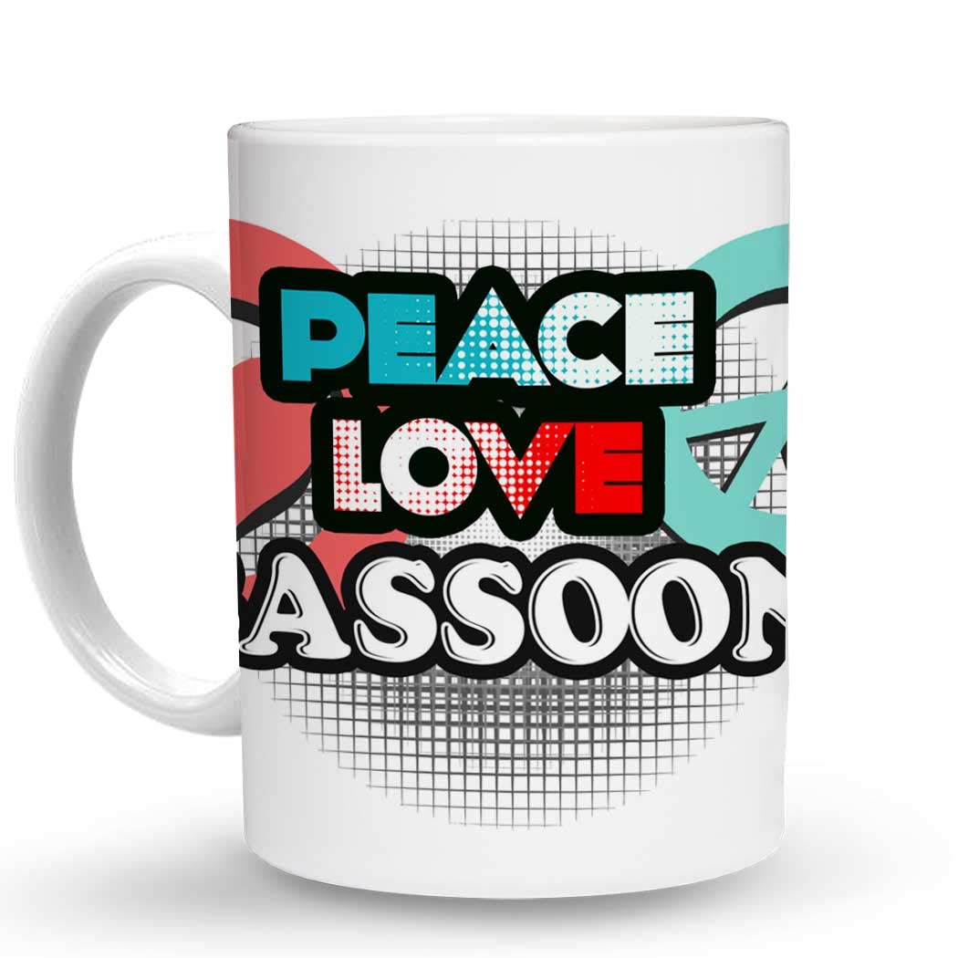 Makoroni - PEACE LOVE BASSOON Music - 11 Oz. Unique Ceramic Coffee Mug for Musicians & Music Lovers - Perfect for Hot Coffee, Tea or Gifts