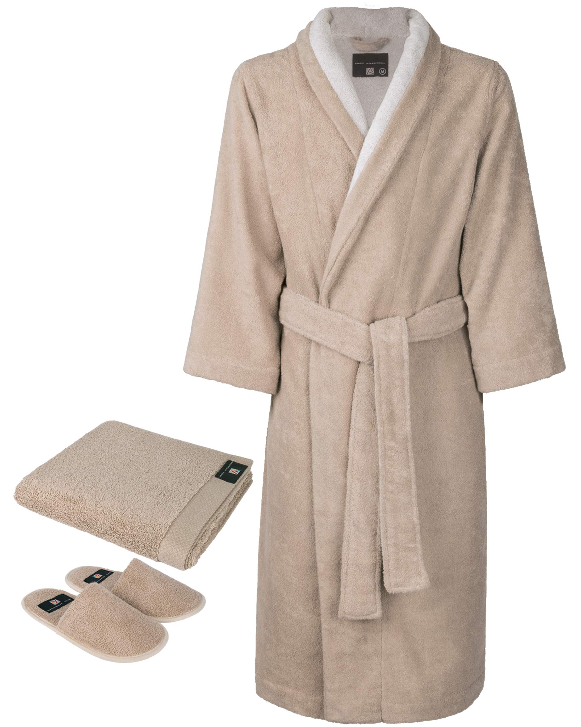 Classic Shawl Robe with Matching Slippers and Hand Towel Set - Large Size in Ecru Champagne | Perfect for Spa, Bridal Shower & Luxury Home Relaxation